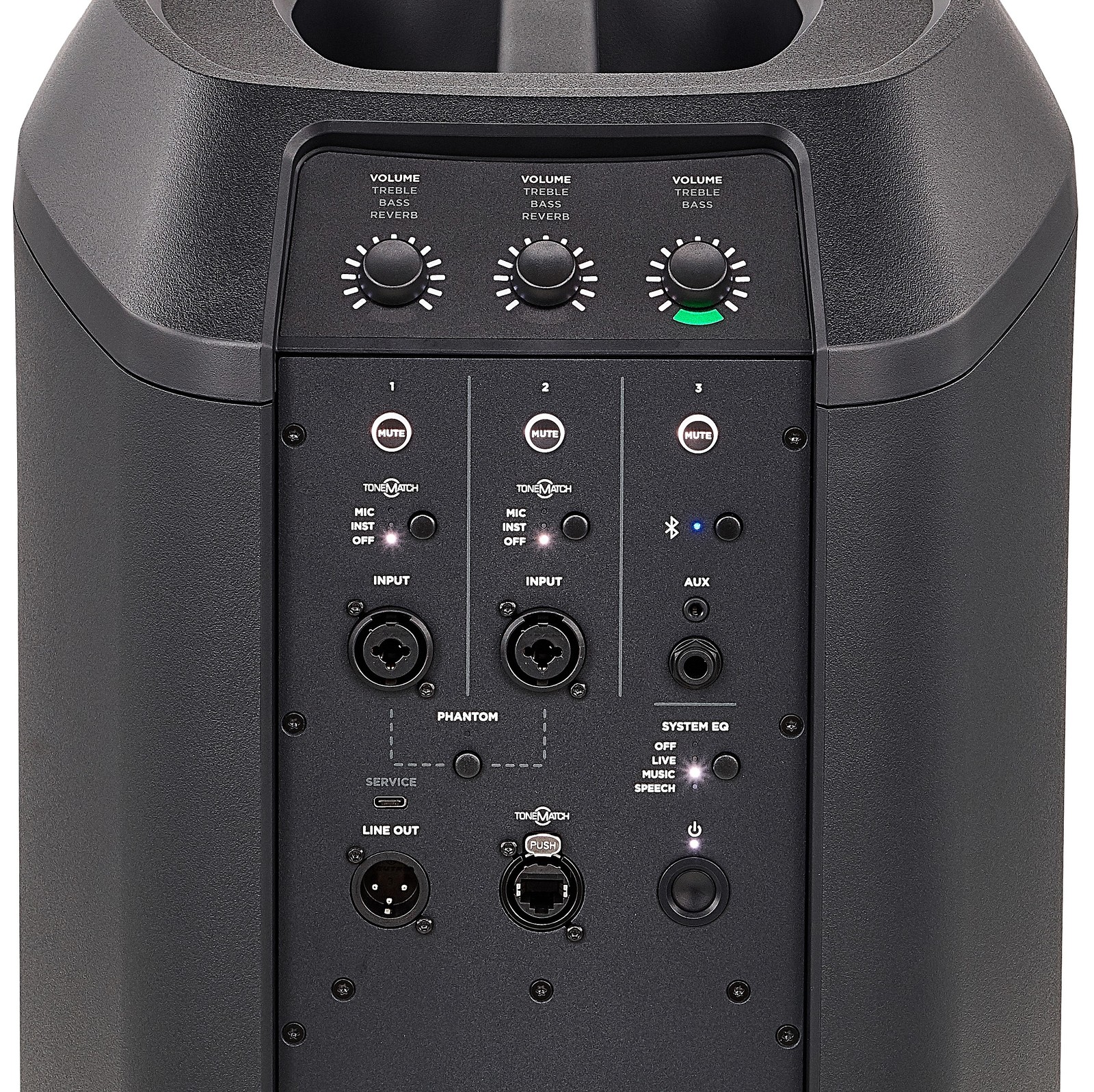 Connections and controls on the L1 Pro8 line array system with Bluetooth