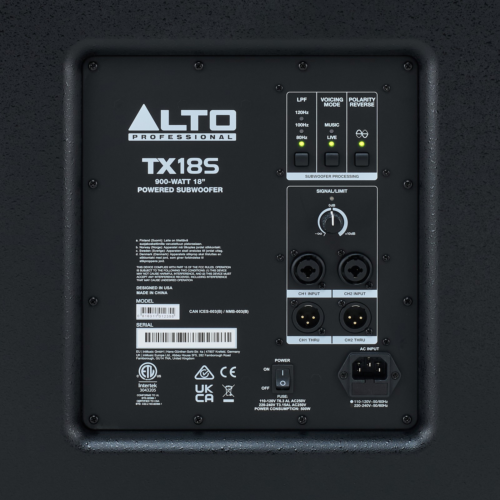 Rückseite des Alto TX 18S Subwoofers mit Anschlüssen und Bedienelementen