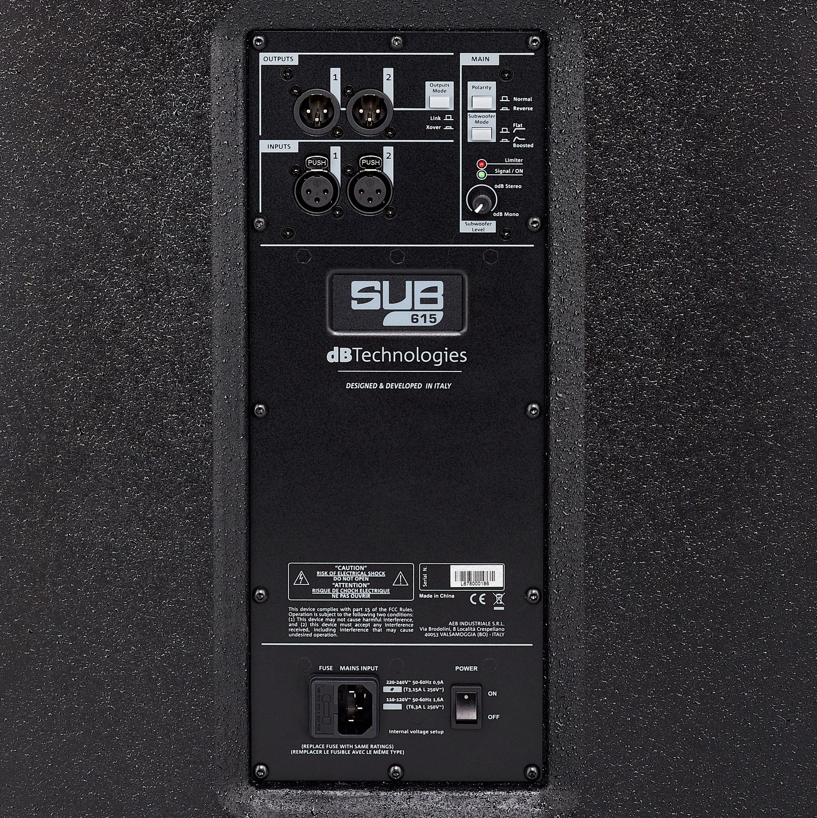 Controls and connections on the dB Technologies Sub 615 Active Subwoofer