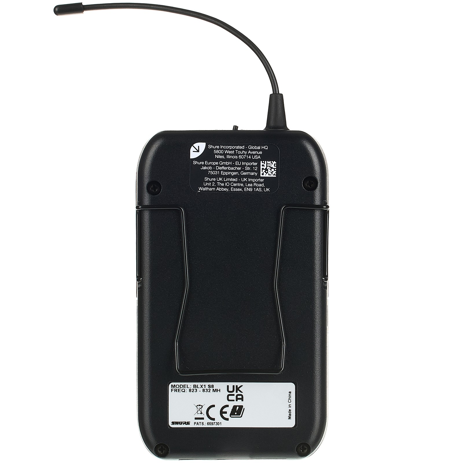 Rückseite mit Klemme des Shure BLX1 S8 UHF Taschensenders