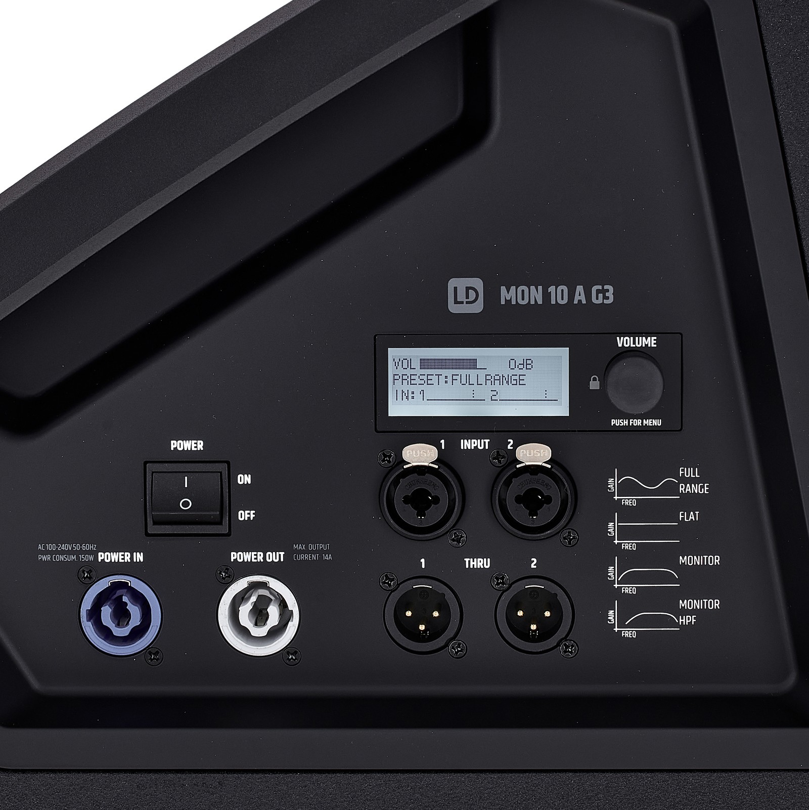 Anschlüsse und Regler auf der Seite des LD Systems MON 10 A G3