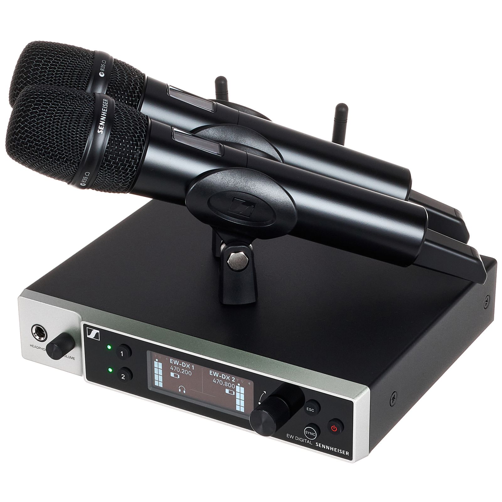 Komplettansicht des Sennheiser EW-DX 835-S Set Q1-9 mit EM2 Zweikanal-Empfänger und zwei SKM-S Handsendern 