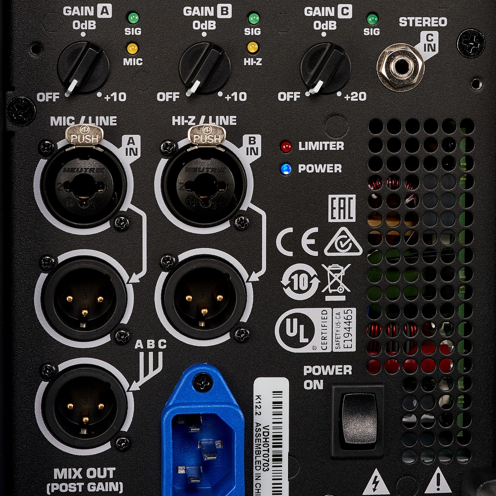 Connections on the QSC K 12.2 2-way full-range active loudspeaker