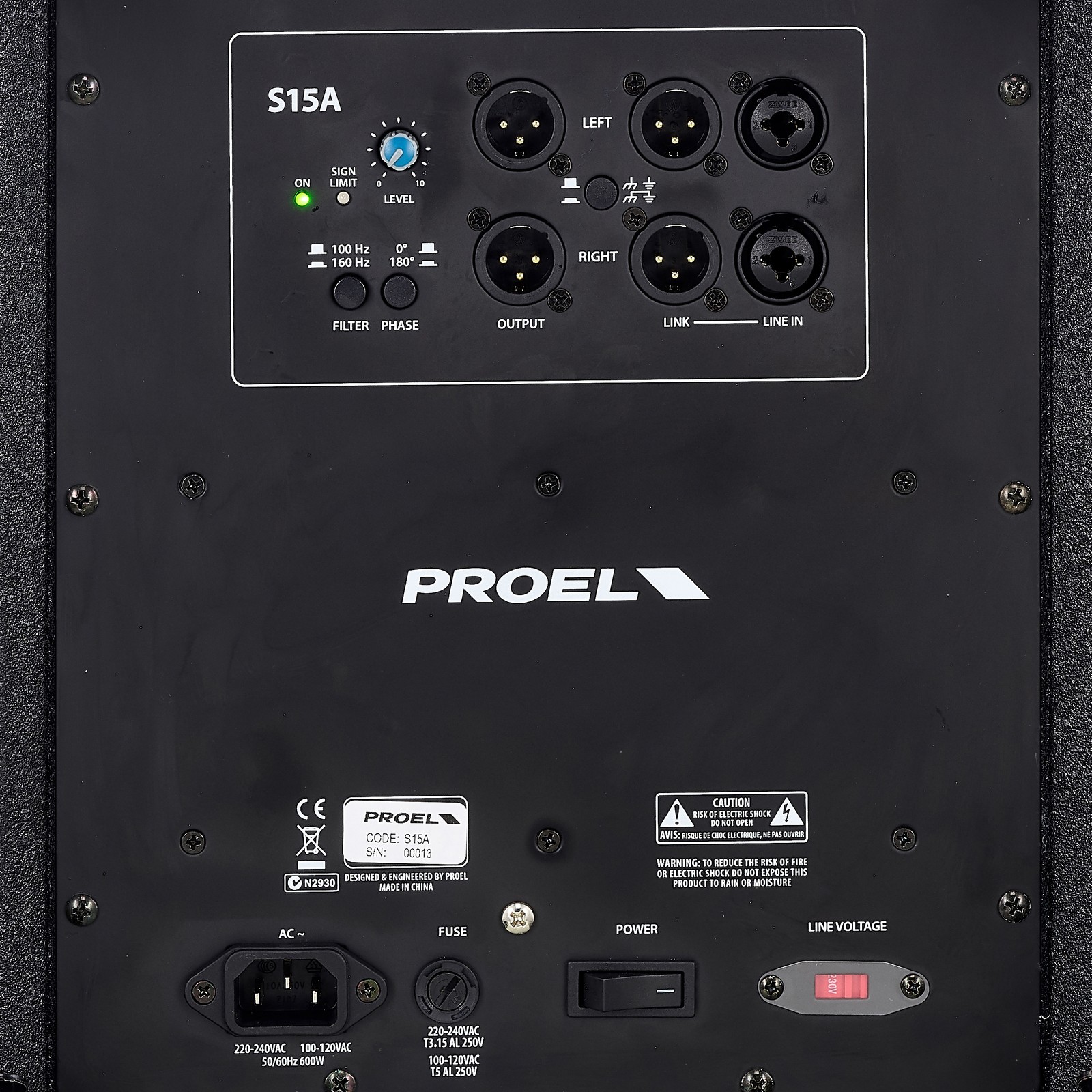 Rear of the Proel S15A subwoofer with controls