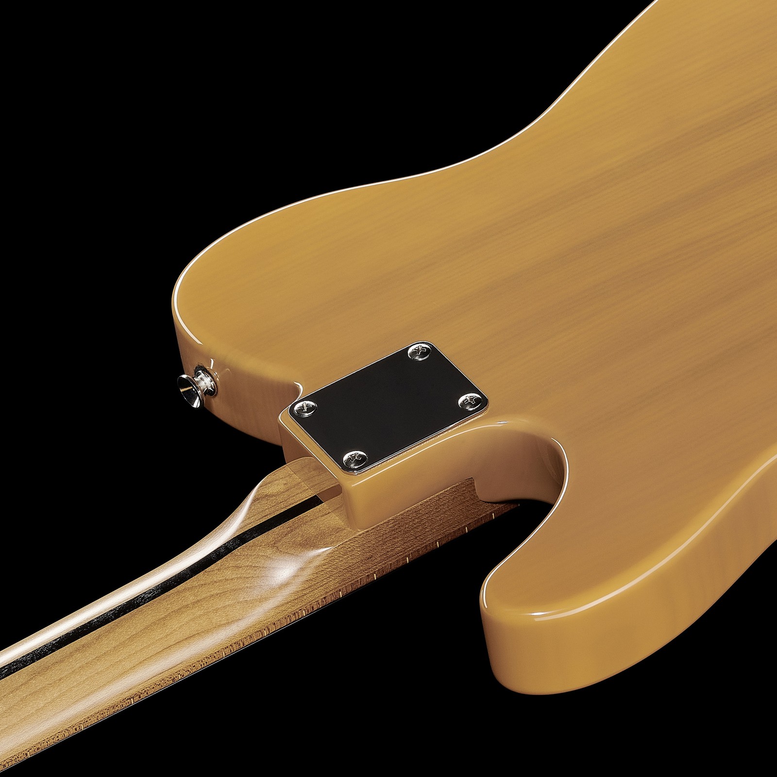 Geschraubter Ahornhals auf dem hellen Esche Korpus der Harley Benton TE-53KR BL Tribute Serie