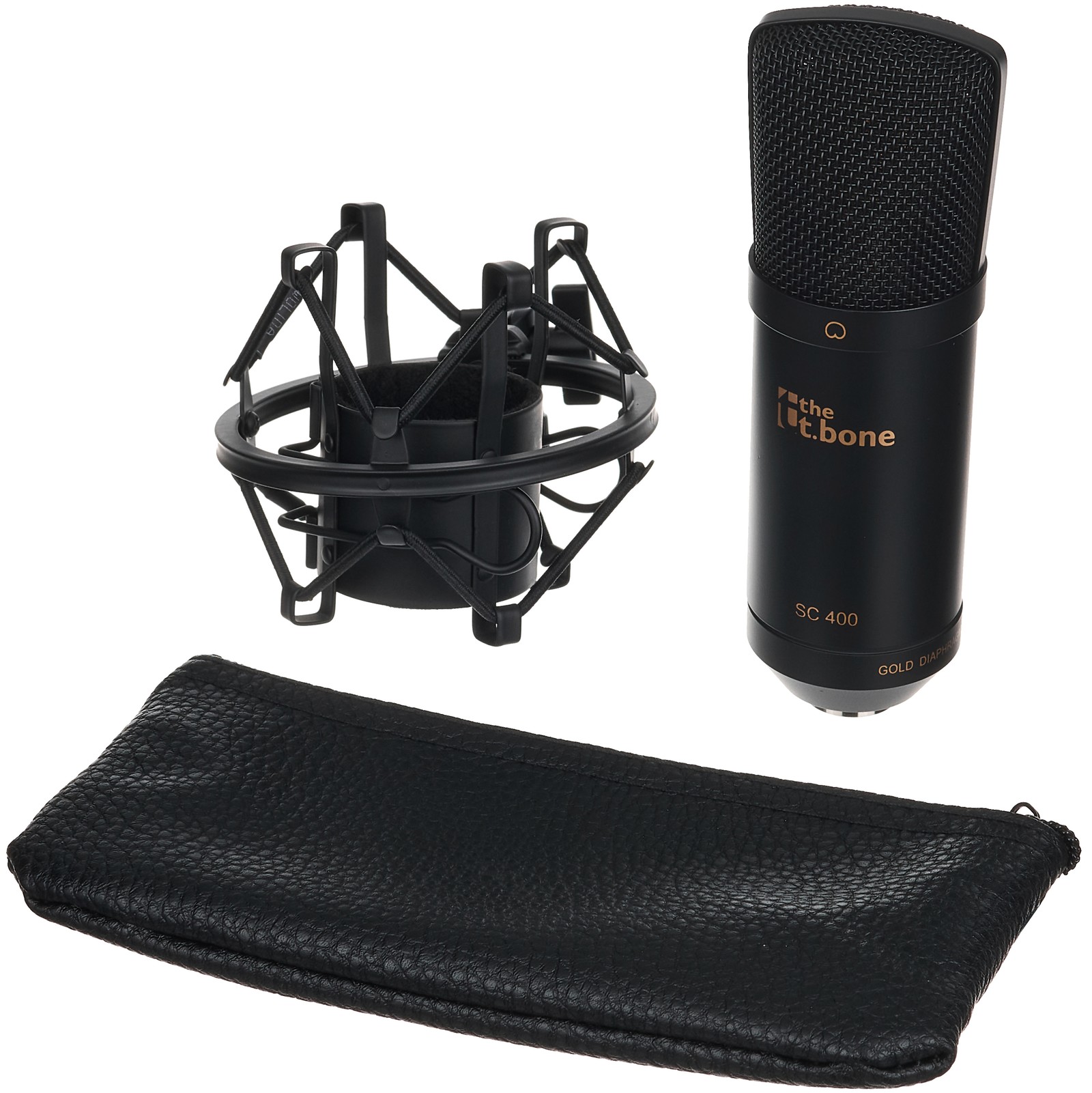 Wielkomembranowy mikrofon pojemnościowy the t.bone SC 400 Studio z uchwytem antywstrząsowym