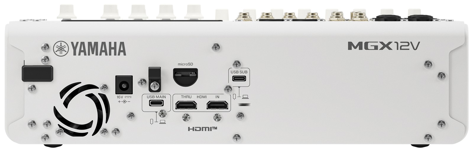 Rückseite des Yamaha MGX12 WH mit Anschlüssen