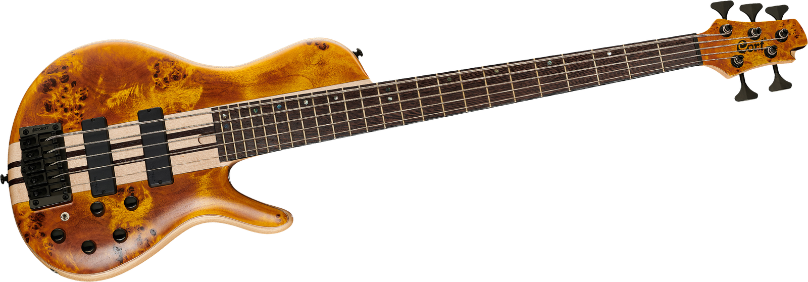 Frontansicht 5-Saiter Bassgitarre Cort A5 Plus SC Amber Open Pore