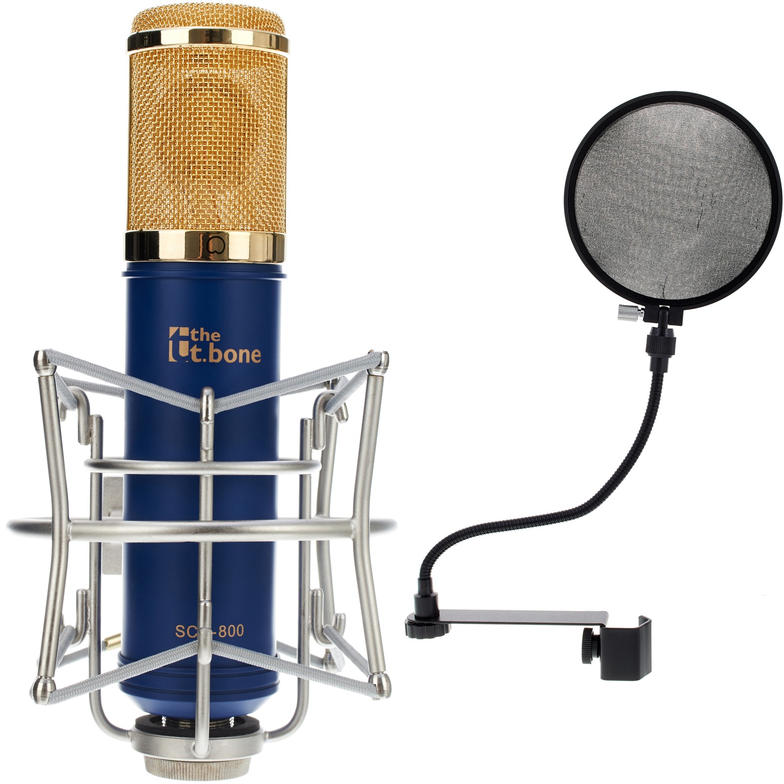 the t.bone SCT 800 Studio Röhren-Großmembranmikro mit Spinne und the t.bone MS 180 Popkiller zum Anklemmen