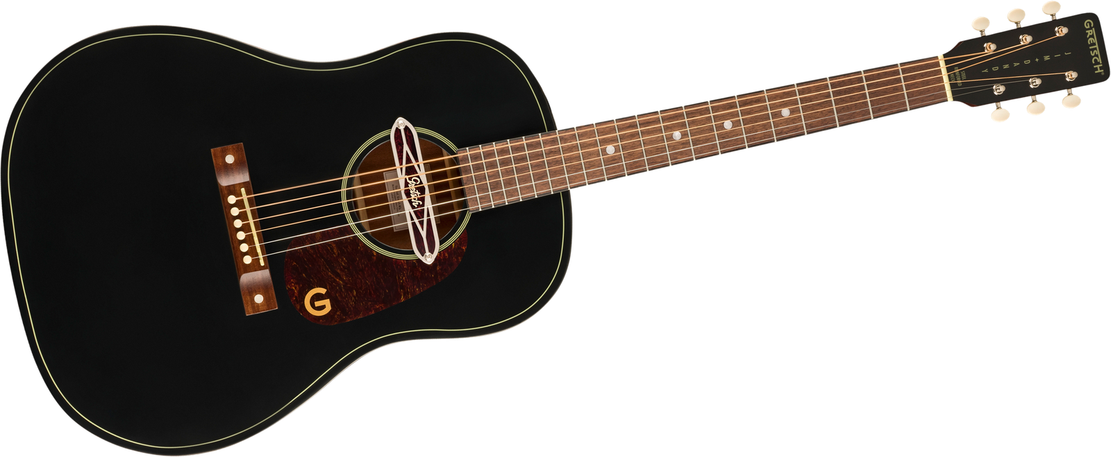 Frontansicht der Westerngitarre Gretsch Jim Dandy Dreadnought Deltoluxe TSPG Blacktop mit Tonabnehmer