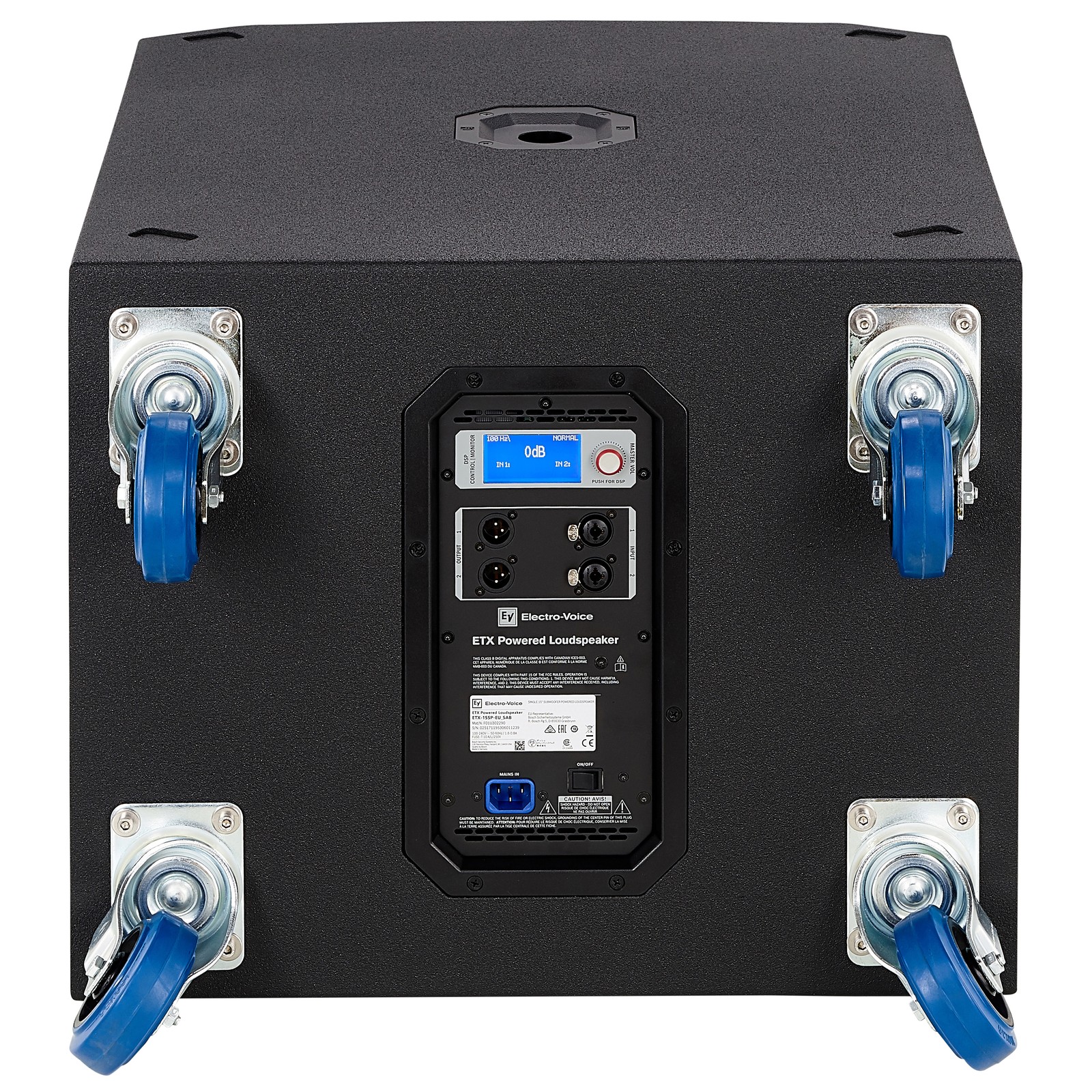 EV ETX-15SP Aktiver 15" Subwoofer - Rückseite mit Rollen