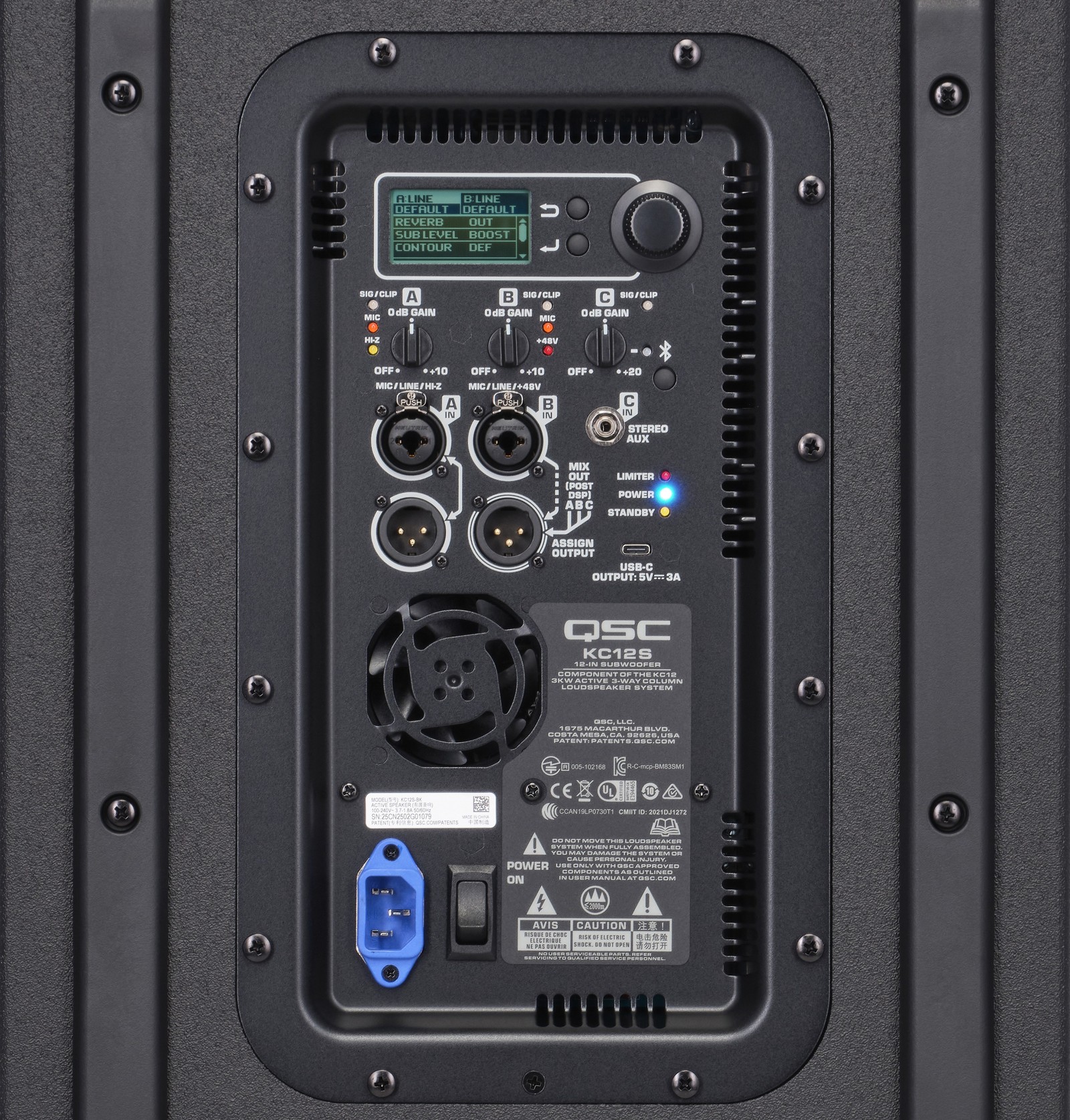Control panel and connections on the QSC KC 12 Black, 3-way column speaker system