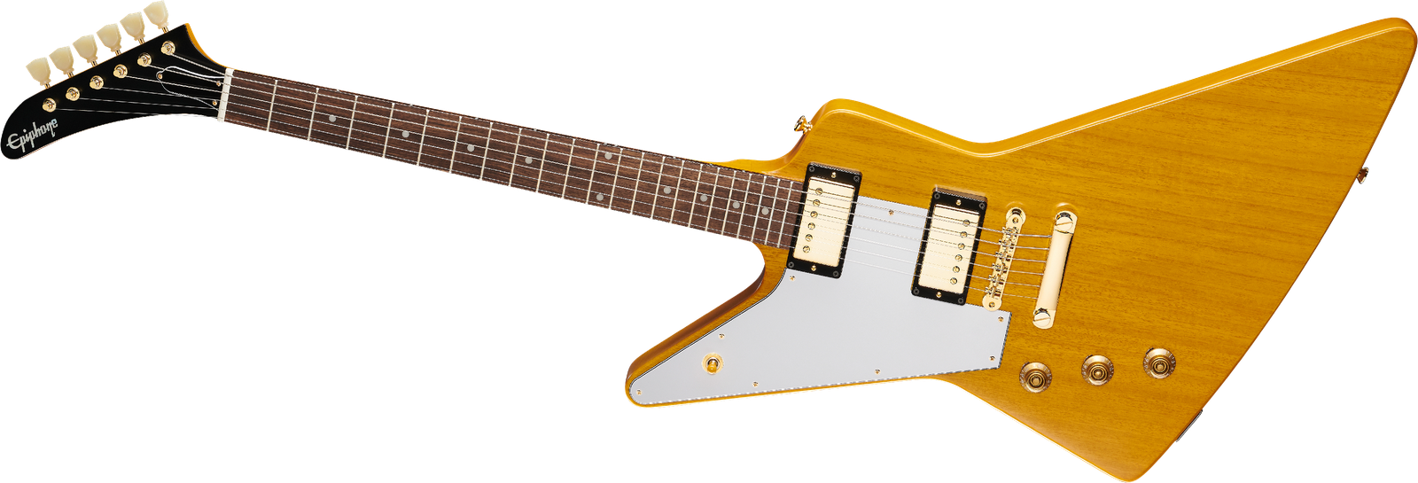 Frontansicht der Linkshänder E-Gitarre Epiphone Korina Explorer Aged Natural LH