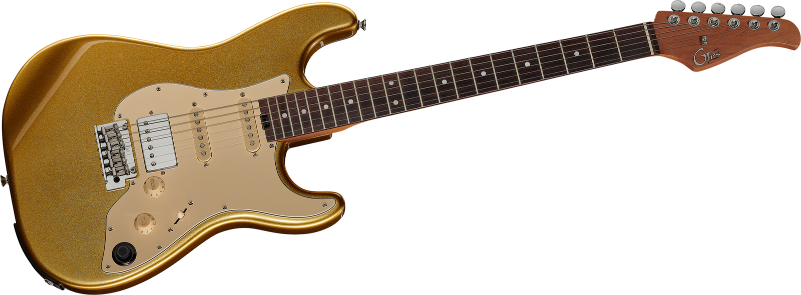 Front view of the gold-coloured Mooer GTRS Standard S 800 G electric guitar