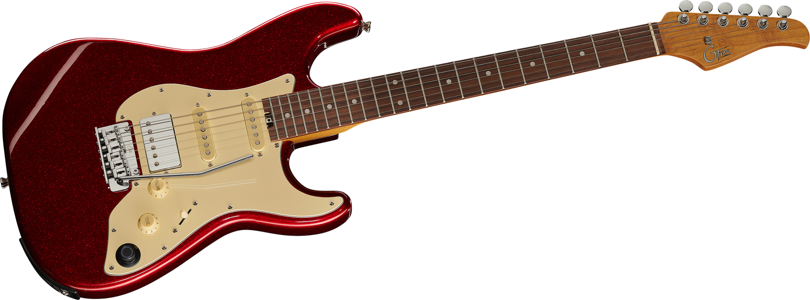 Front view of the red Mooer GTRS Standard 800 MR electric guitar
