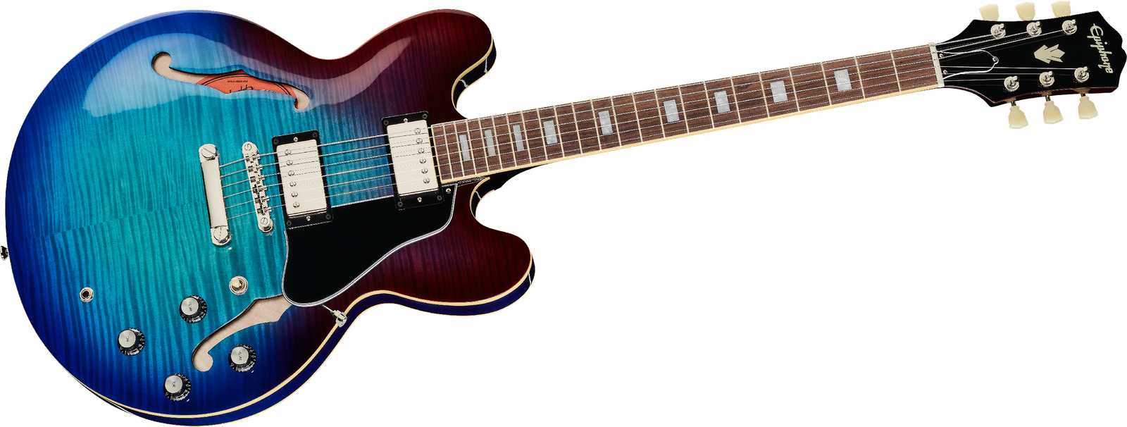 Frontansicht der Semiakustik E-Gitarre Epiphone ES-335 Figured Blueberry Burst