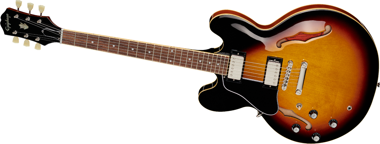Frontansicht der Linkshänder Semiakustik E-Gitarre Epiphone ES-335 Vintage Sunburst LH