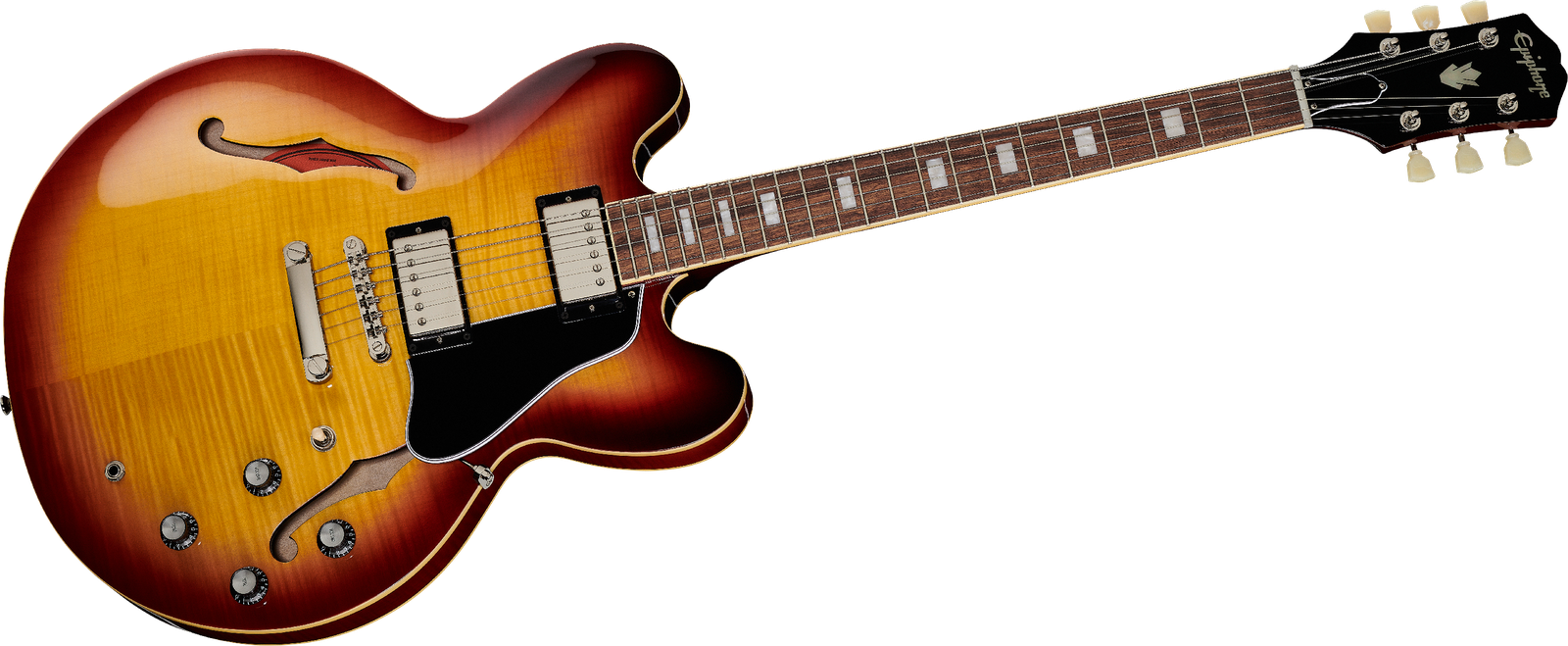 Frontansicht der Semiakustik E-Gitarre Epiphone ES-335 Figured Tea Burst