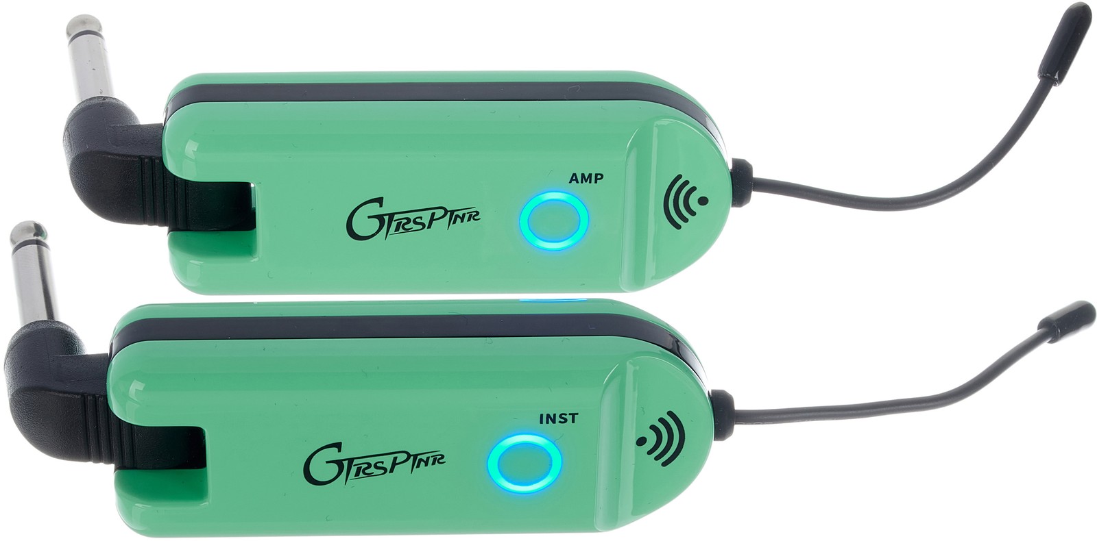 View of the transmitter and receiver of the Mooer GTRS GWU4 Wireless Plug Green system