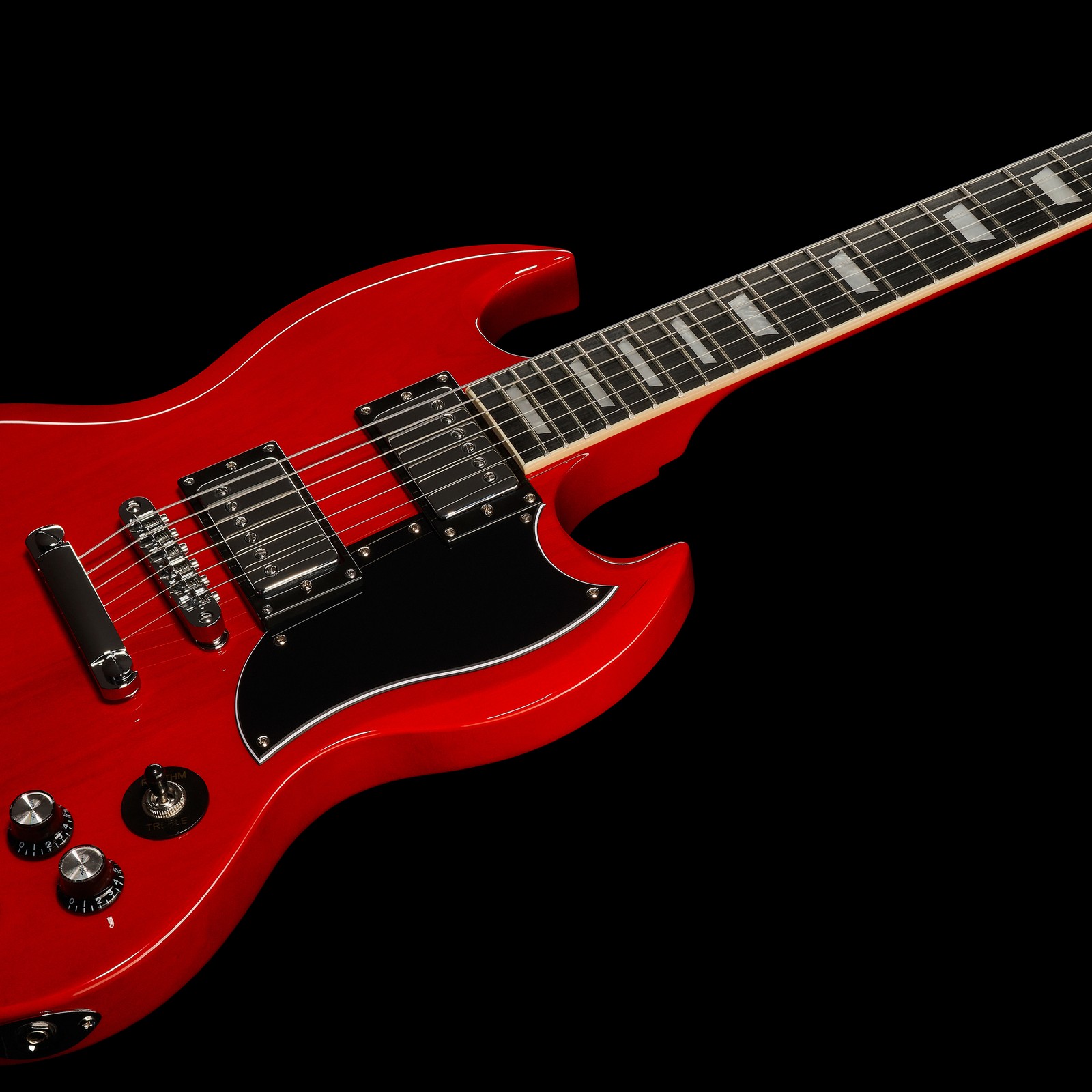 Harley Benton DC-580 Cherry body angled view