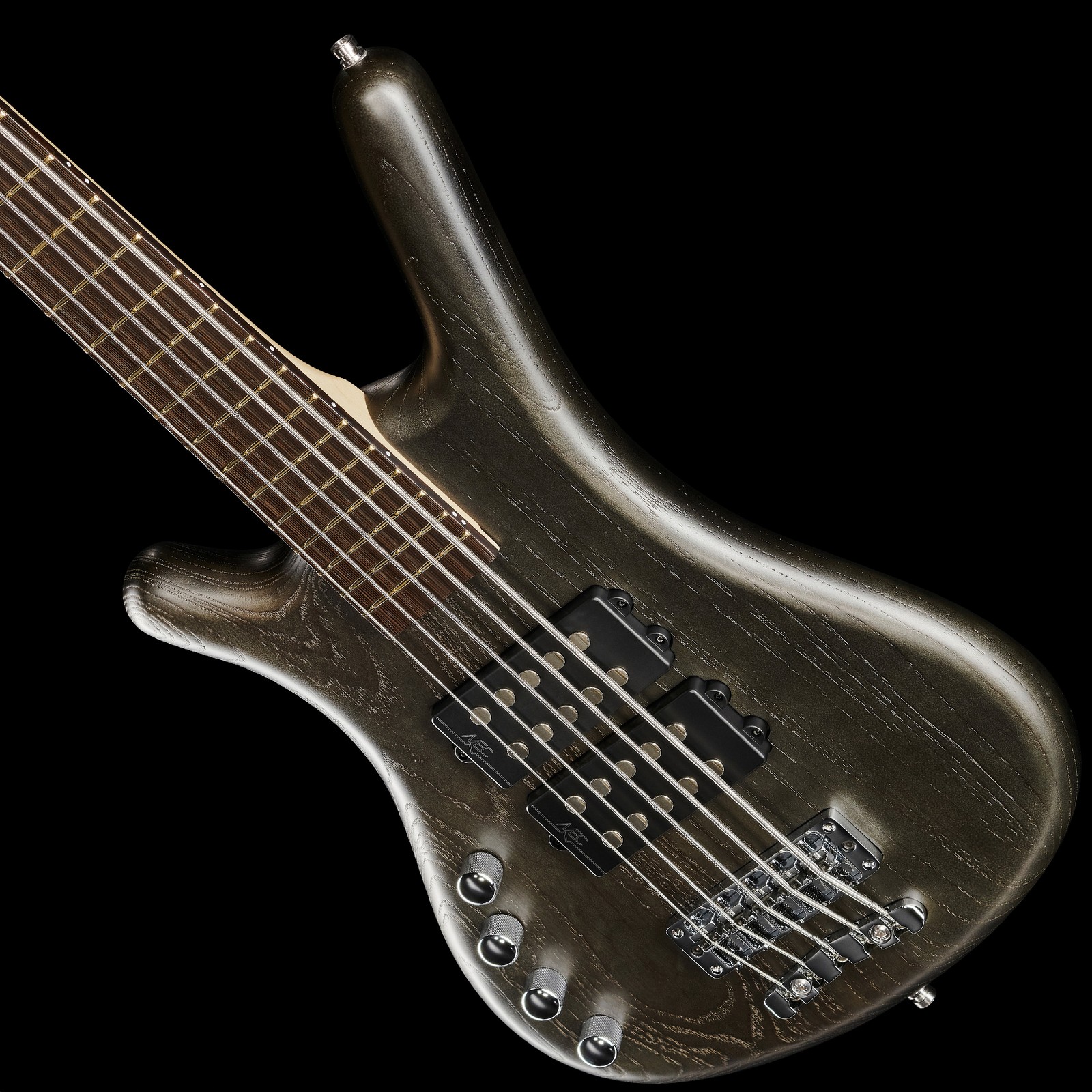 Top, Warwick RB Corvette $$ 5 Black Left-Handed, five-string bass guitar