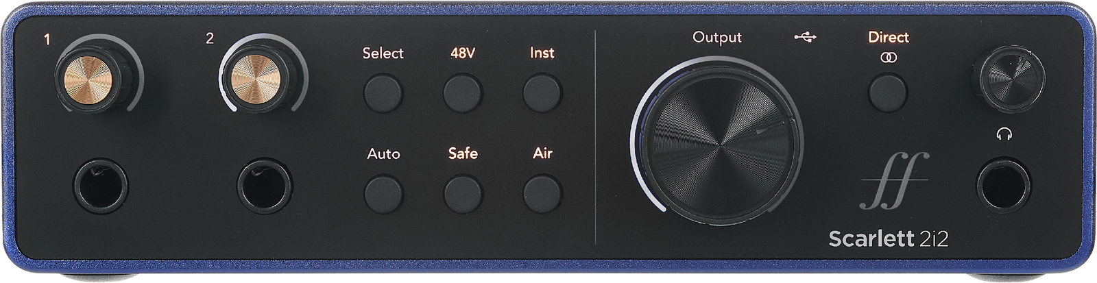 Frontansicht mit Reglern und Schaltern des Focusrite Scarlett 2i2 Anniversary Edition