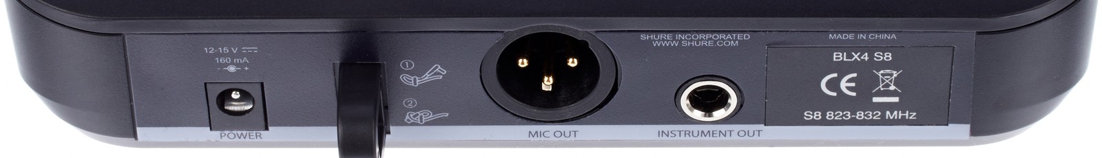 Rückseite mit Anschlüssen des Shure BLX14/SM31 S8 Funksets