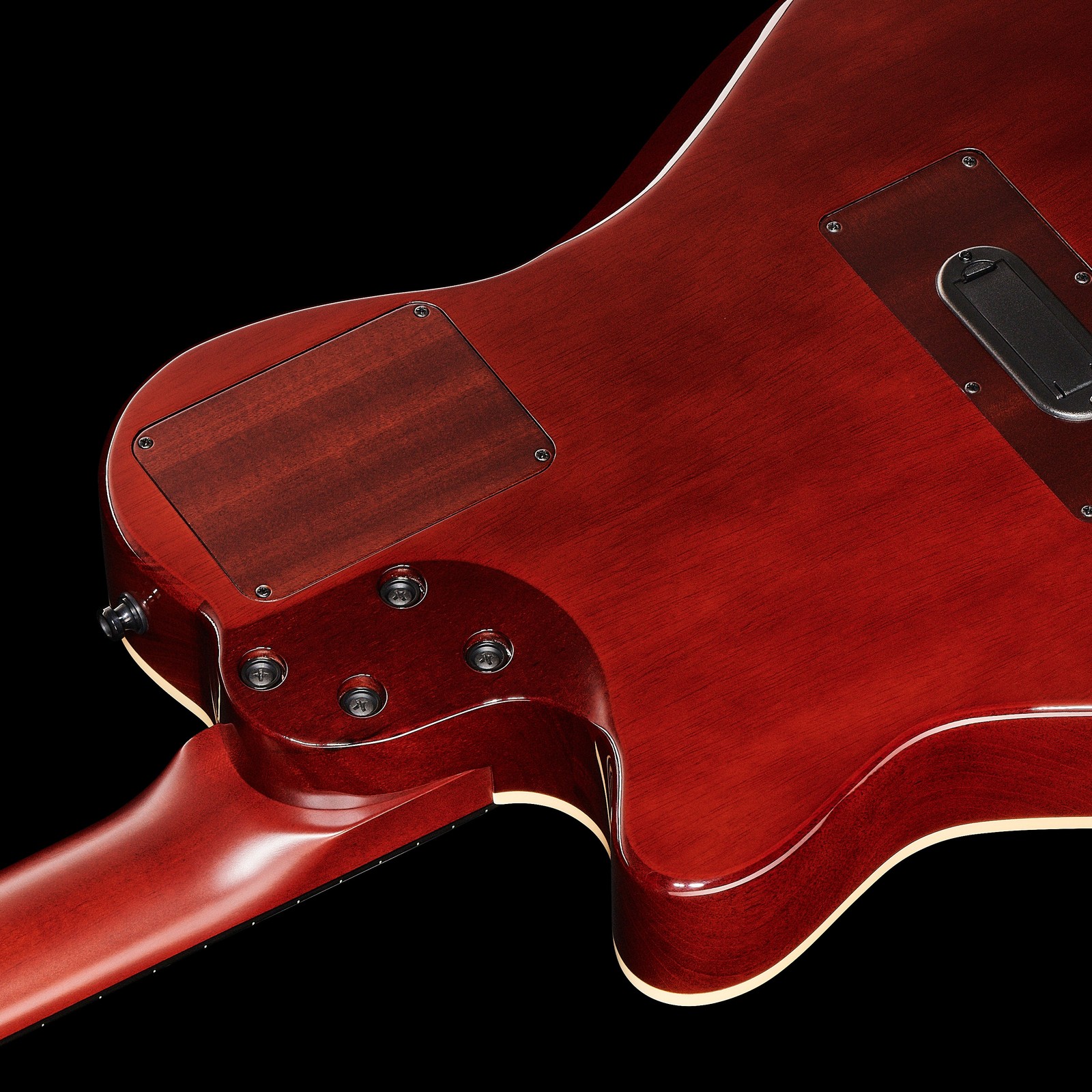 Mahagonikorpus und geschraubter Hals der Godin Multiac Nylon Deluxe von hinten