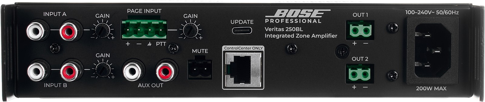 Rückseite der Bose Professional Veritas 250BL Endstufe mit Anschlüssen