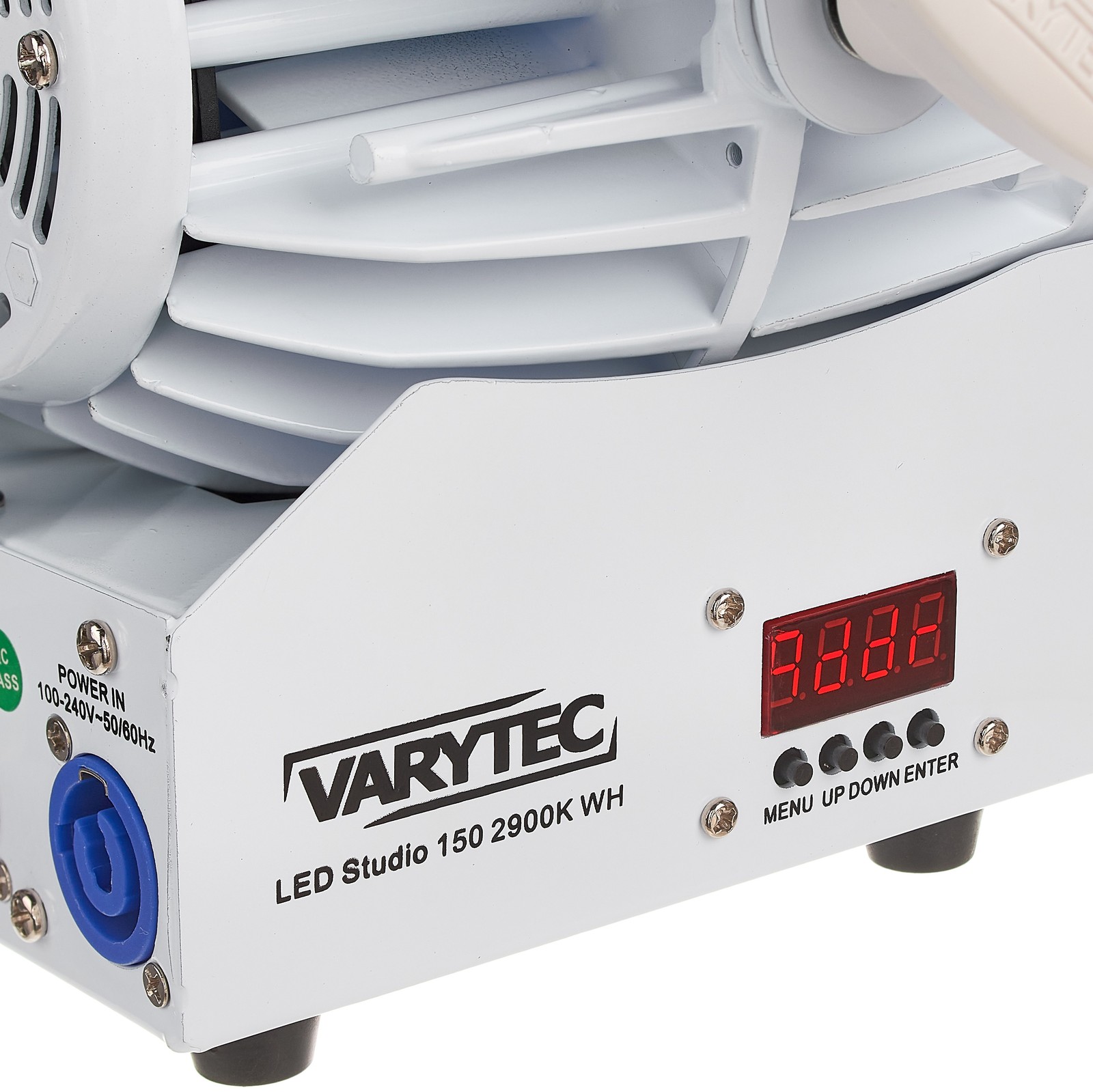 Varytec-Logo und Einstellmöglichkeiten am Varytec LED Studio 150 2900K WH