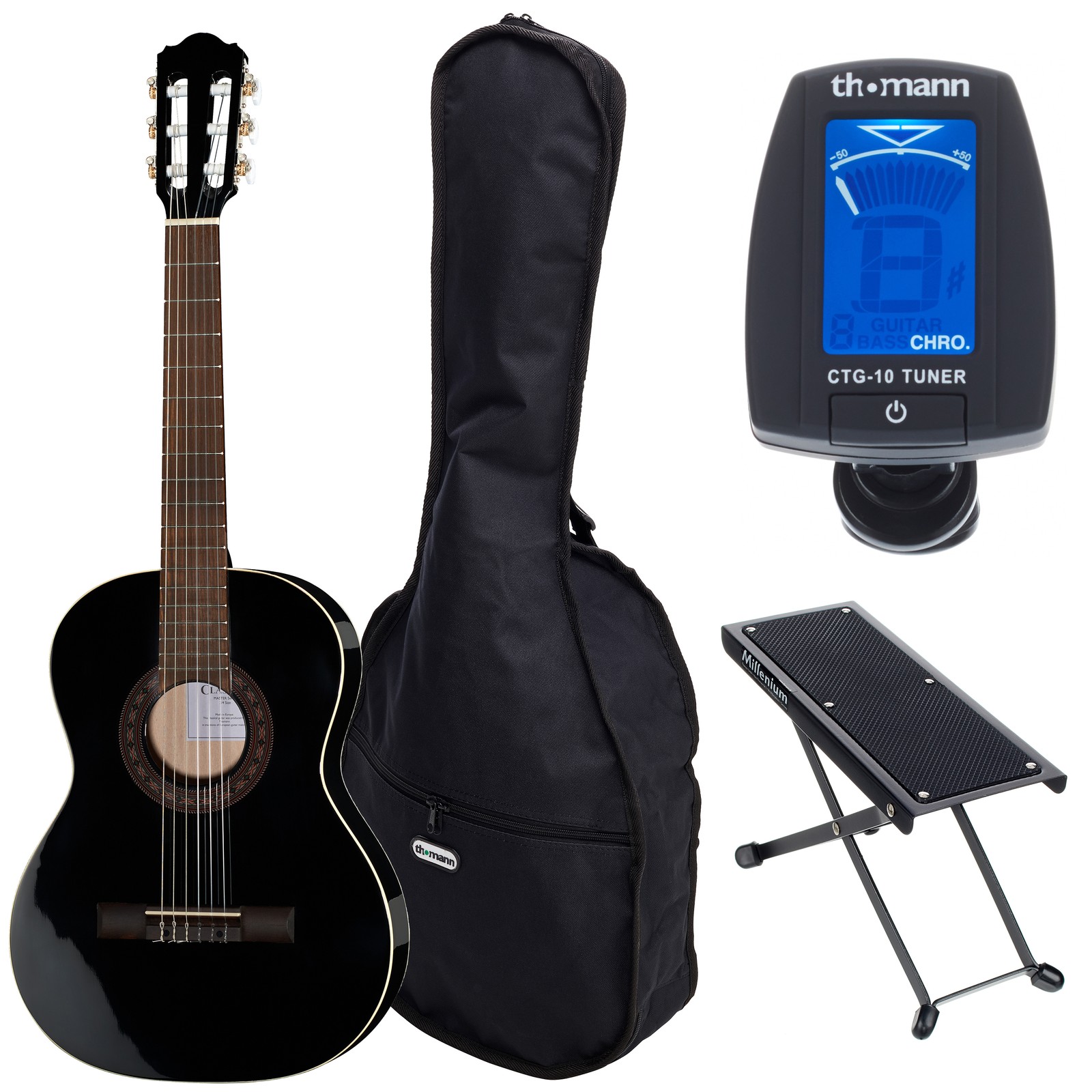 Schwarze Gitarre mit Tasche, Fußbank und Stimmgerät