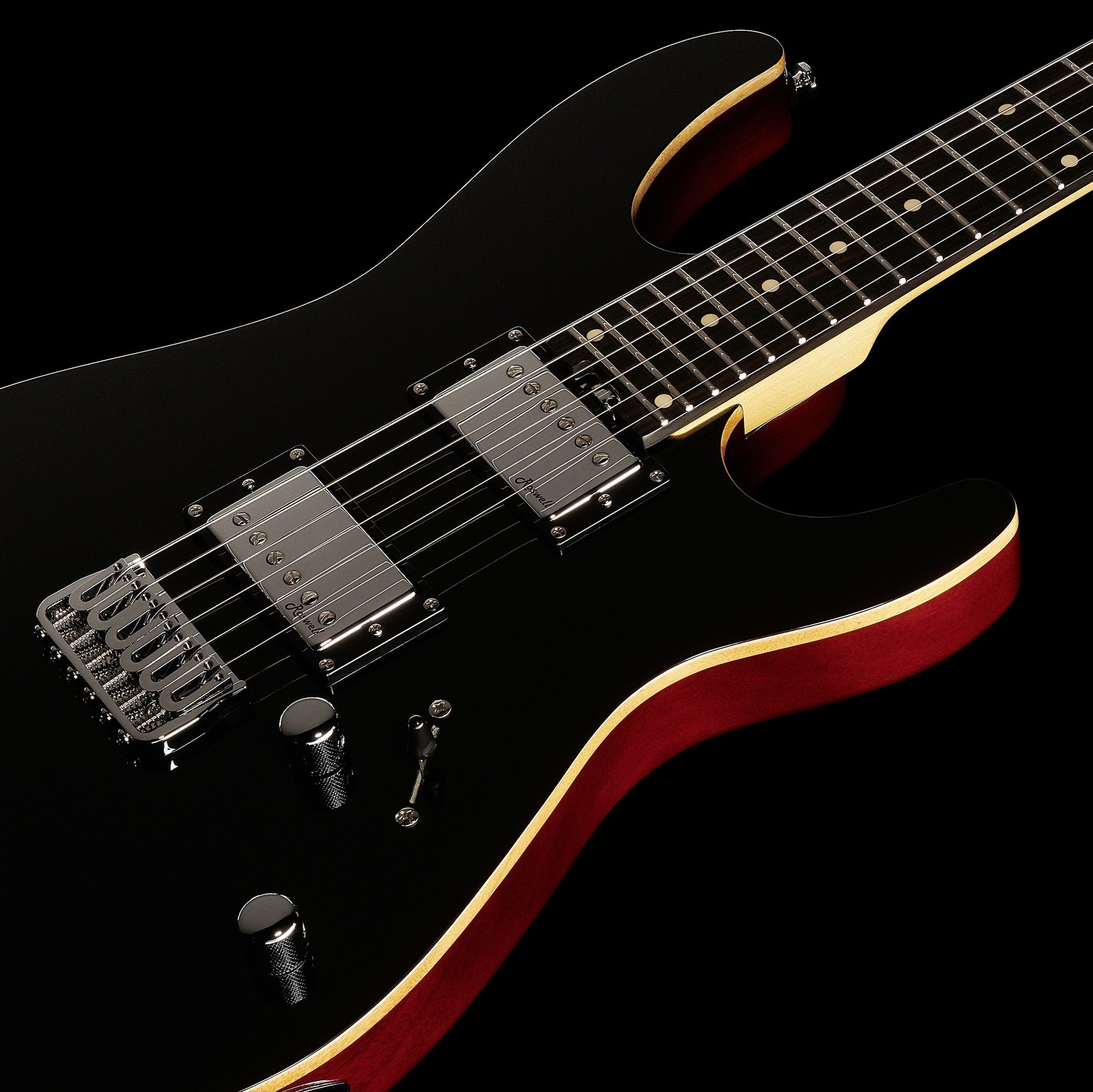 Vorderseite der Harley Benton Fusion-III HH HT EB BK mit Tremolo und verchromten Humbucker Pickups