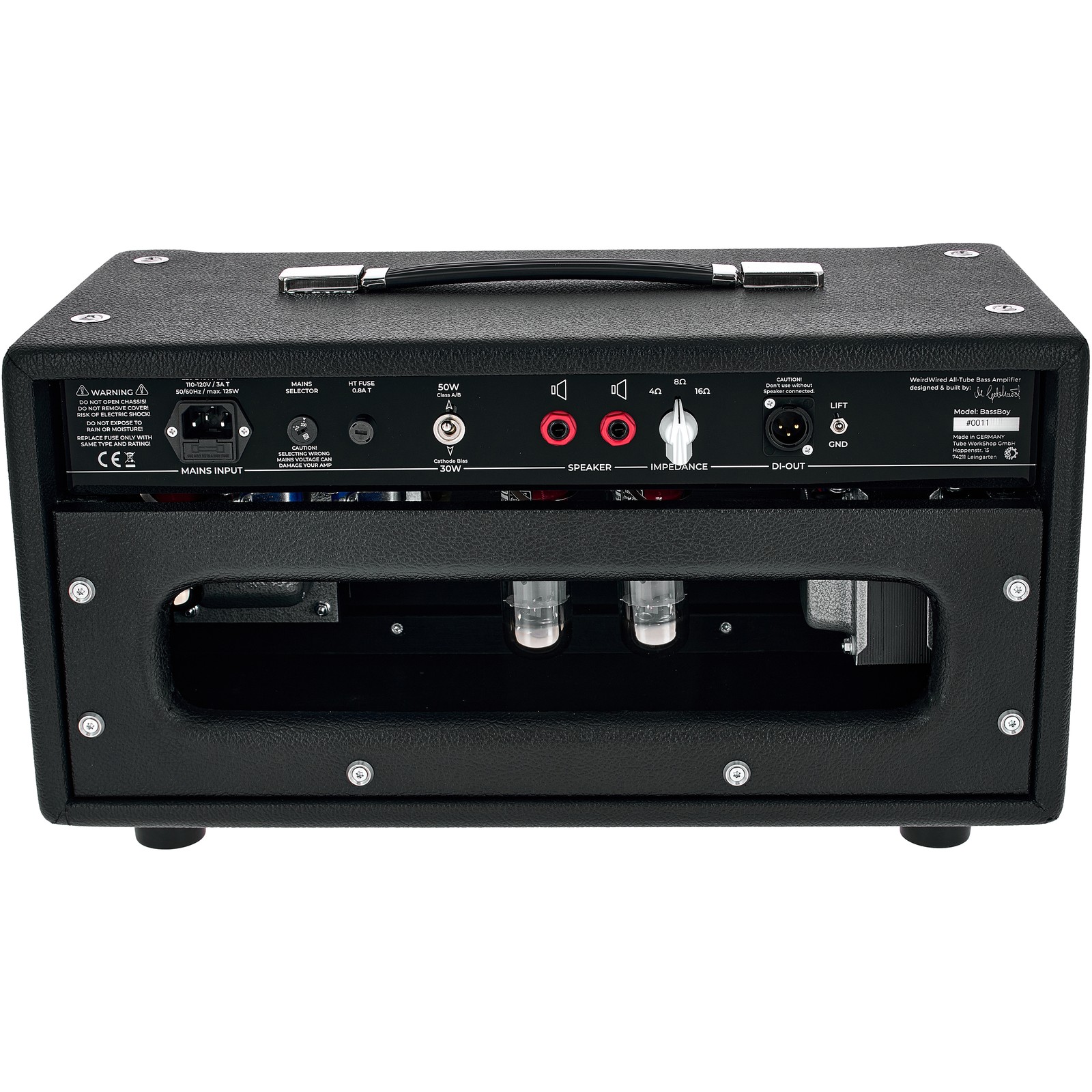 Rear view of TWS BassBoy, all-tube head for bass guitar