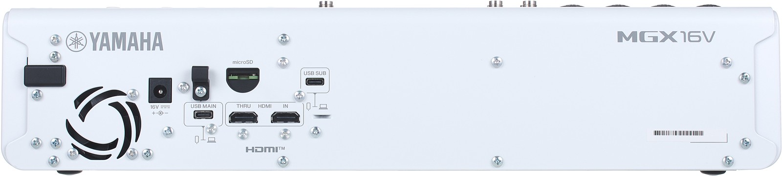 Rückseite des Yamaha MGX16V WH mit Anschlüssen