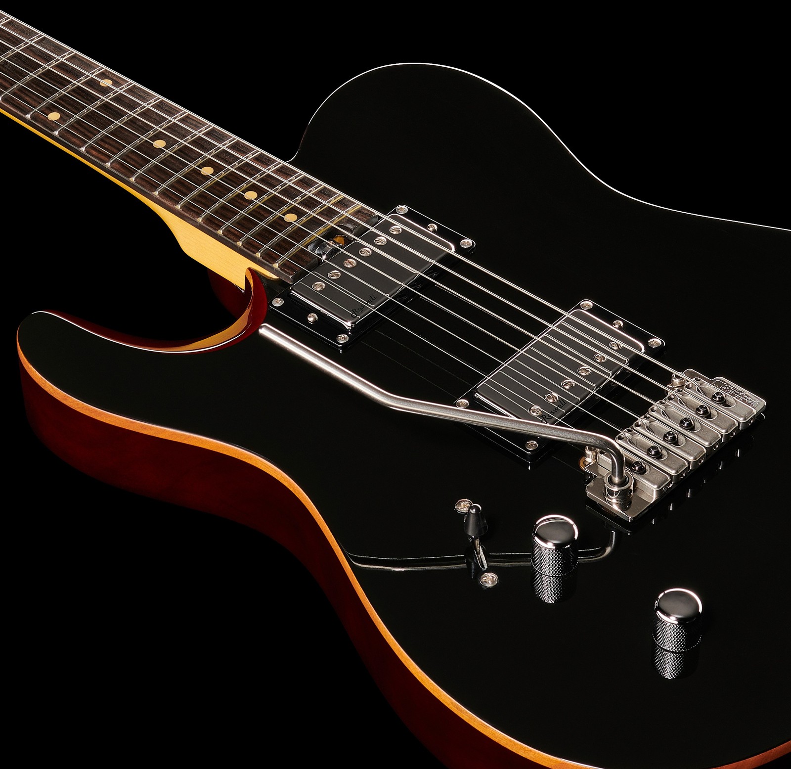 Oberseite der Harley Benton Fusion-T HH LH EB BK E-Gitarre mit Roswell LAF-B-CR und LAF-N-CR Alnico-5 Humbucker