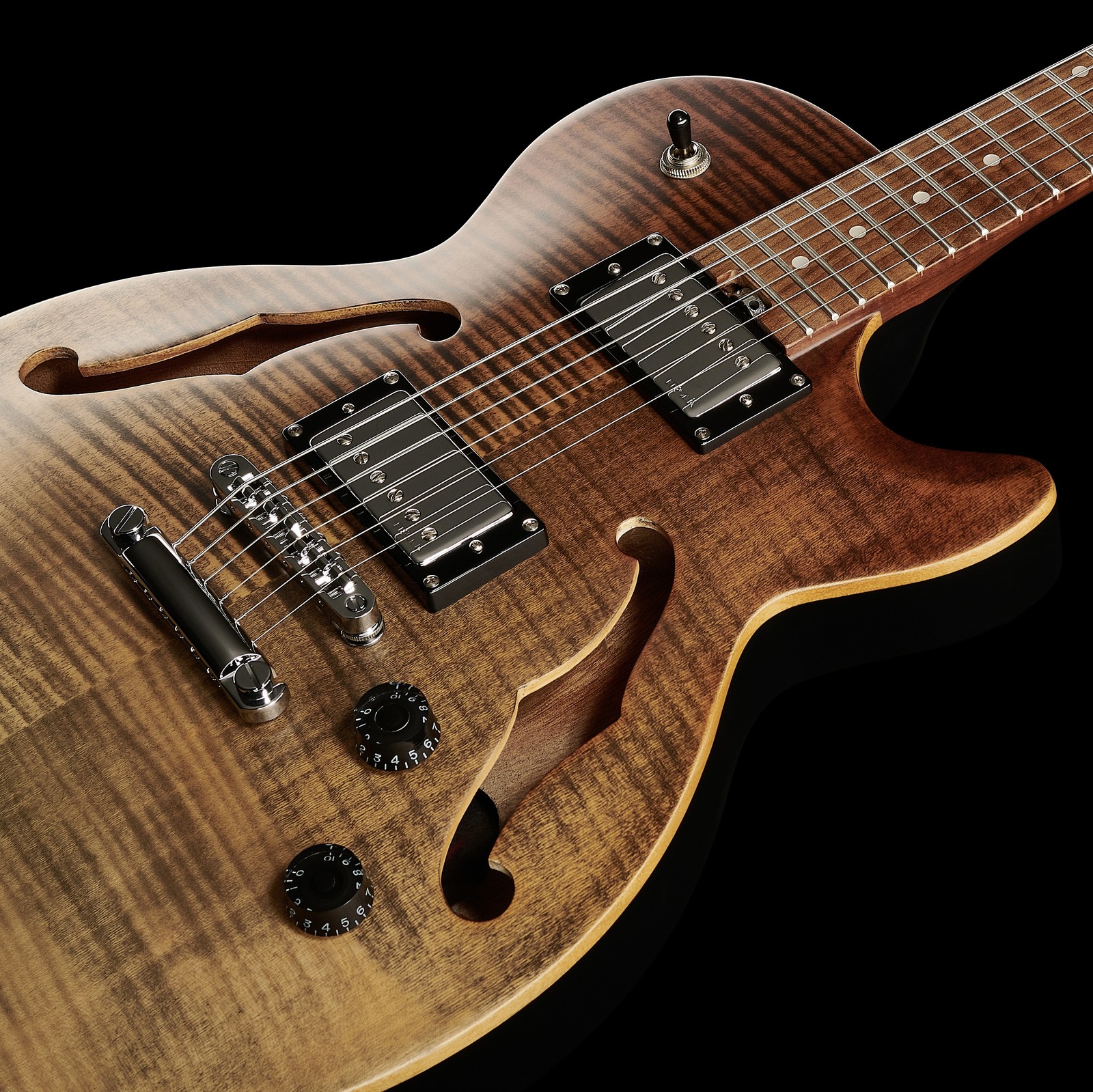 Riegelahorn Decke der Harley Benton Aeolus Frost Flame mit F-Löchern