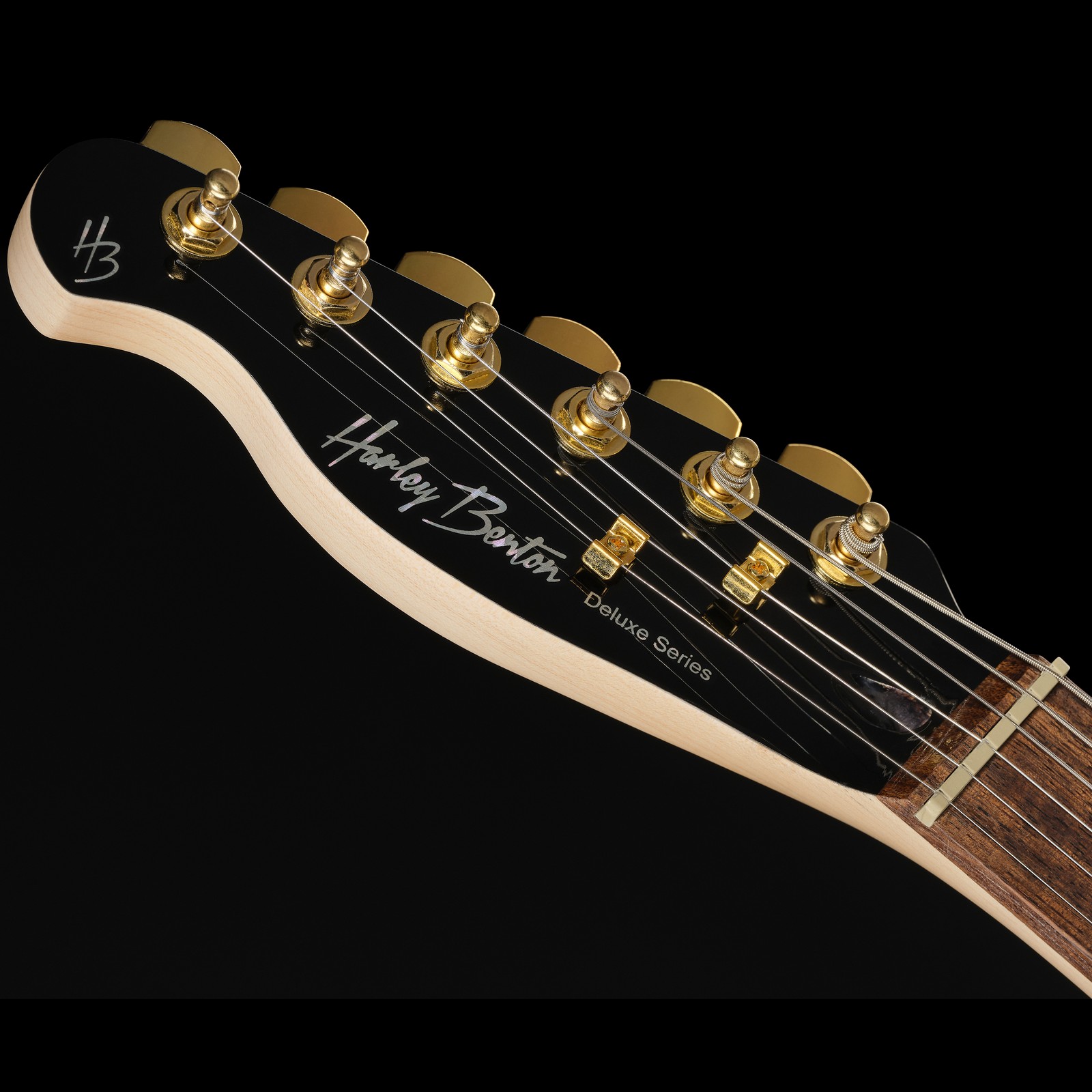 Harley Benton TE-40 LH schwarz Linkshänder Kopfplatte Logo gold Hardware