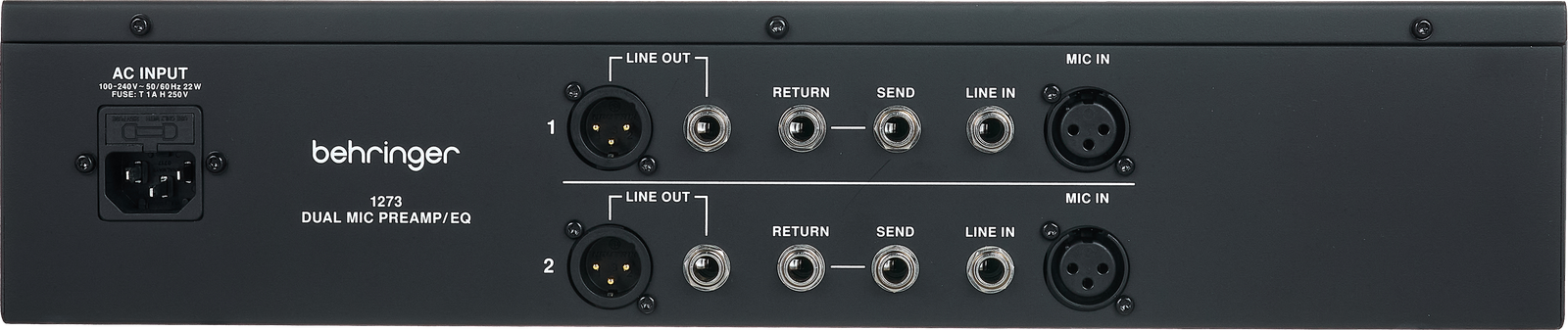 Rückseite des Behringer 1273 Zweikanal-Mikrofonvorverstärkers mit Anschlüssen