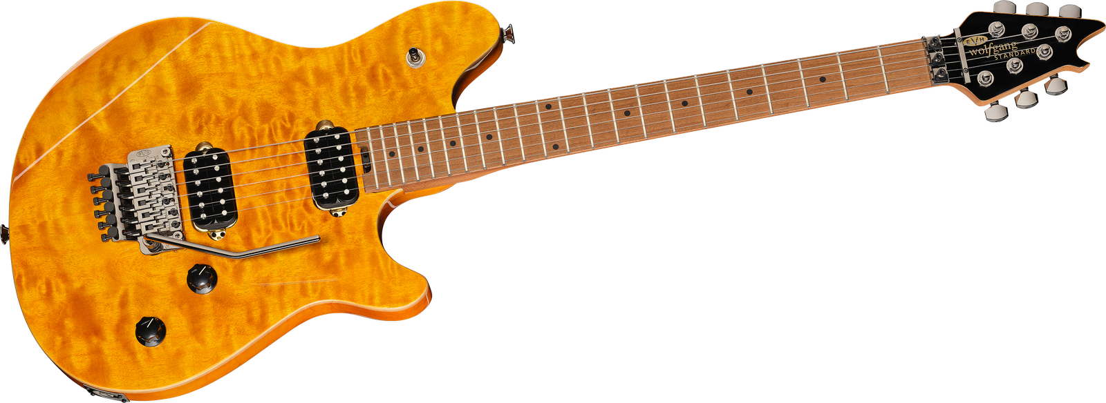 Orangene E-Gitarre Evh Wolfgang WG Std QM TA Frontansicht