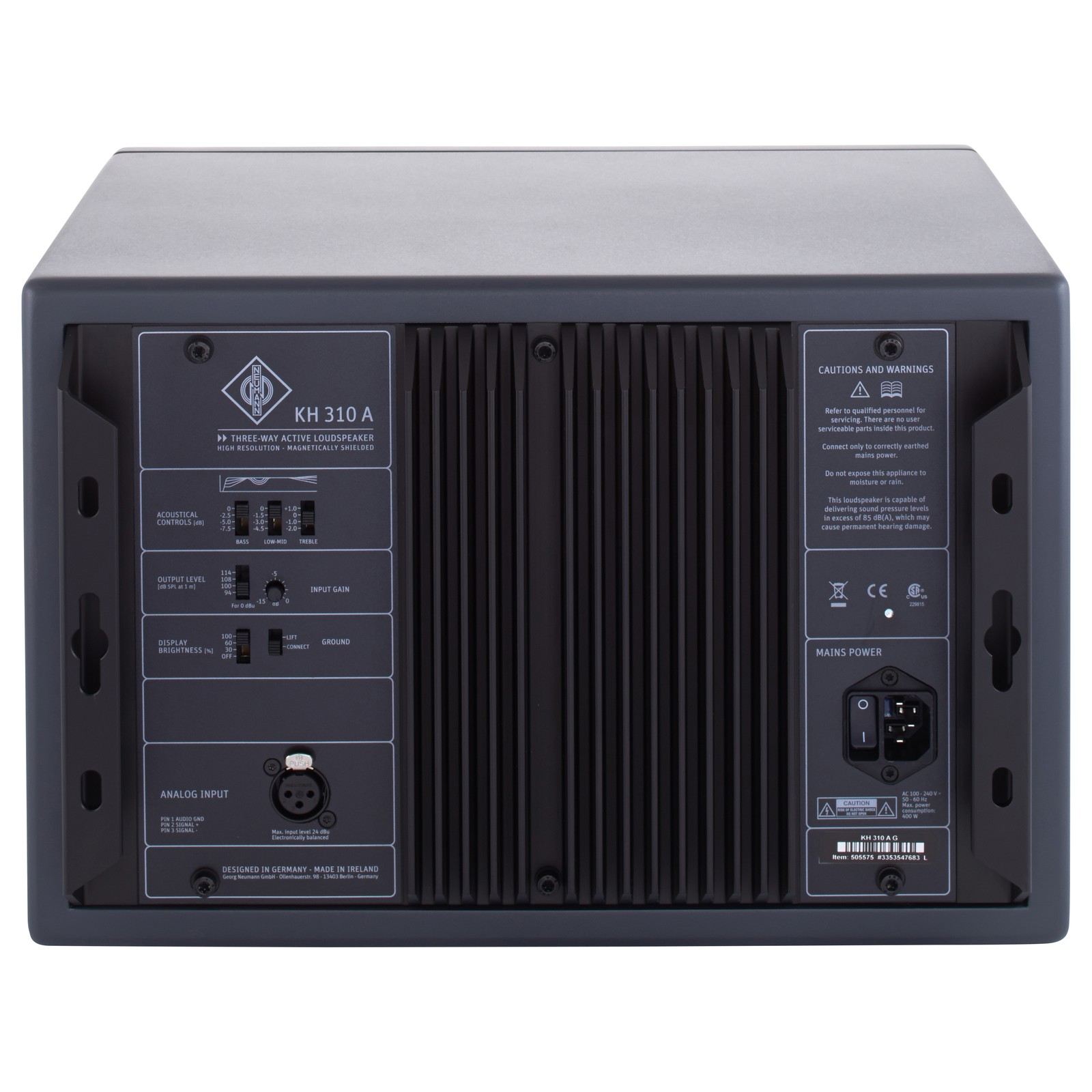 Rückseite des Neumann KH 310 A left mit Bedienelementen und Anschlüssen