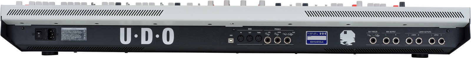 Rückseite mit Anschlüssen des UDO Audio Super Gemini White Bi-Timbraler Analog-Hybrid-Synthesizer