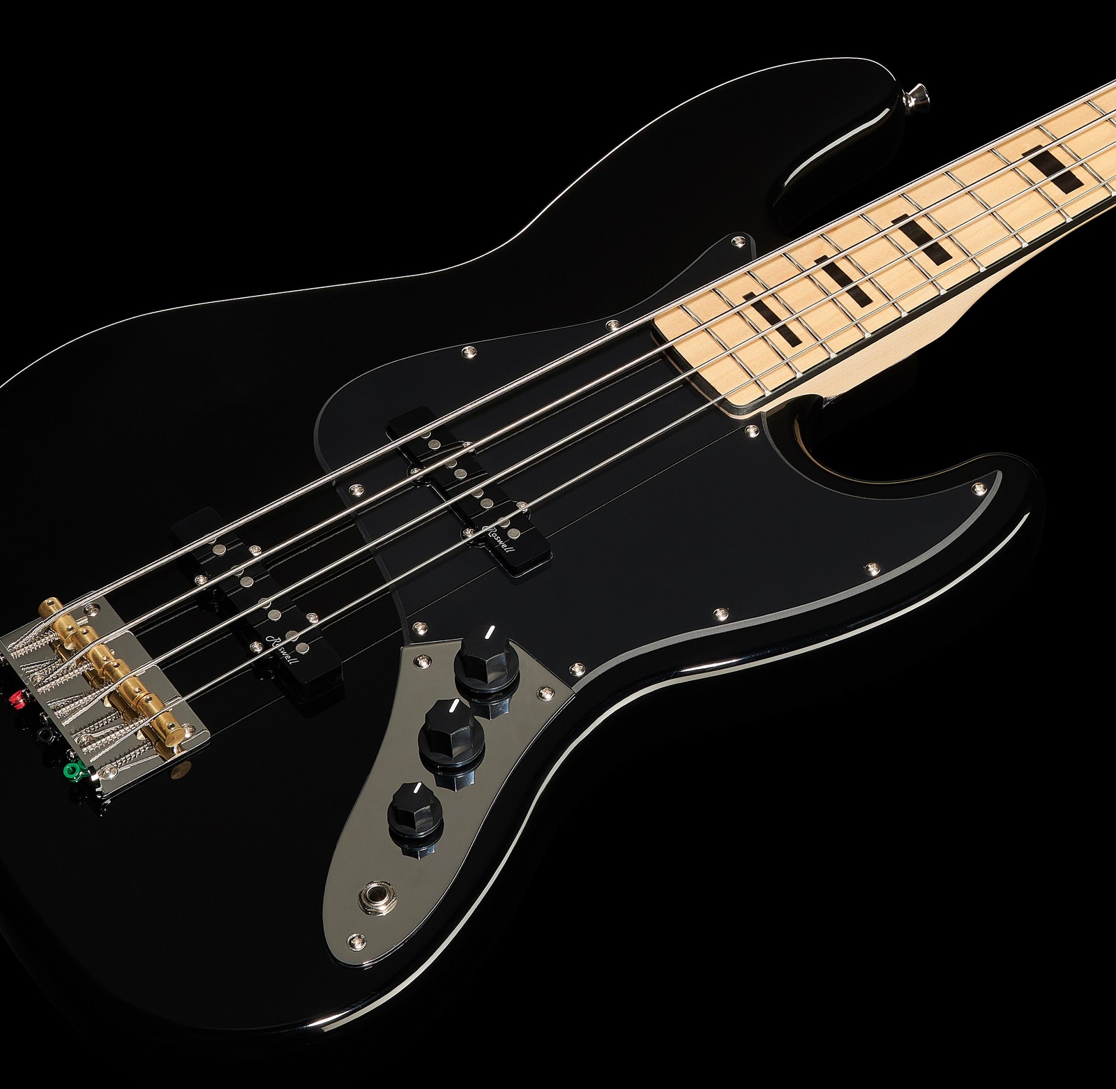 Closeup of the Harley Benton JB-75MN Black Vintage Series Electric Bass