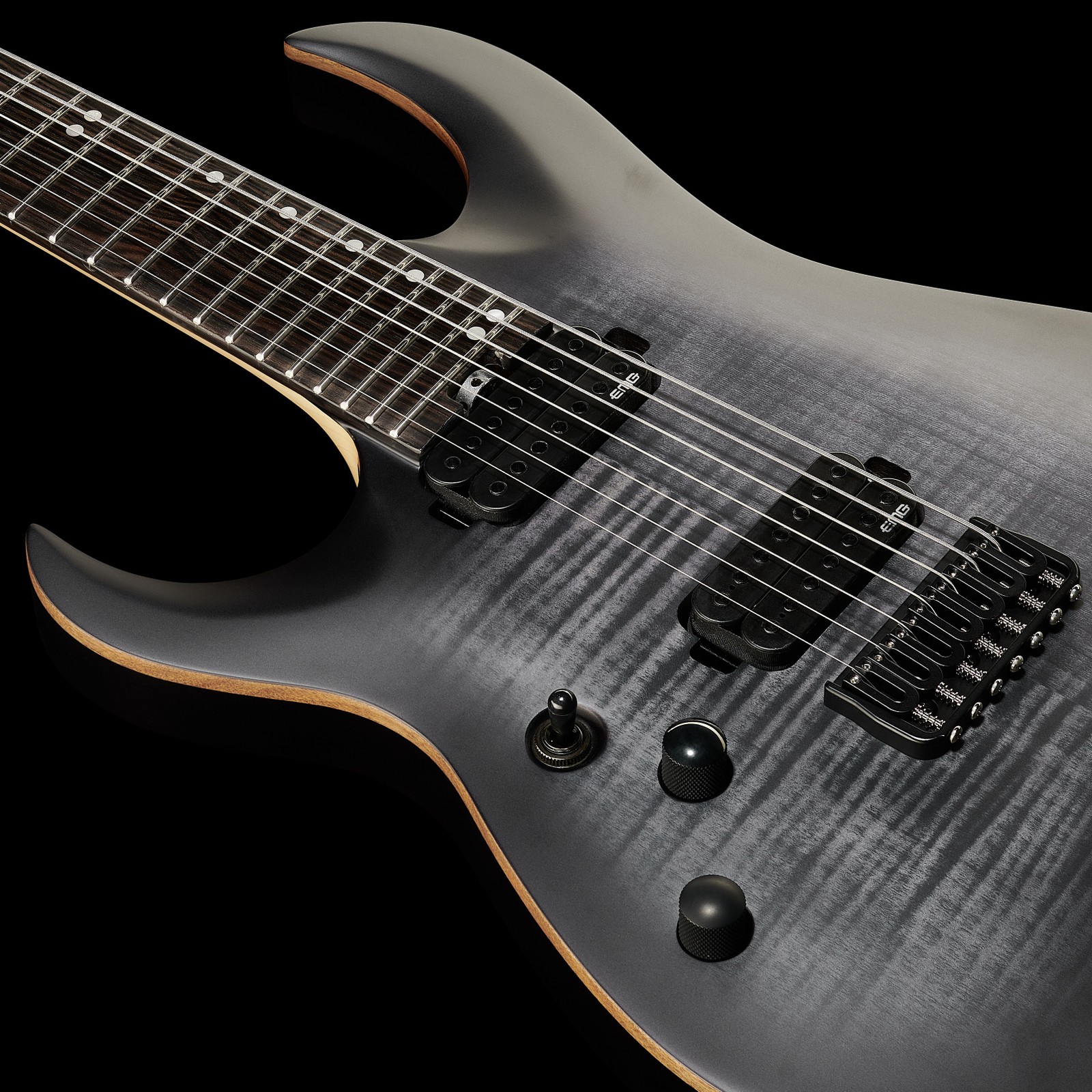 Harley Benton Amarok-7 LH BKNT Flame Burst mit EMG Humbucker Pickups auf der Riegelahorn Decke