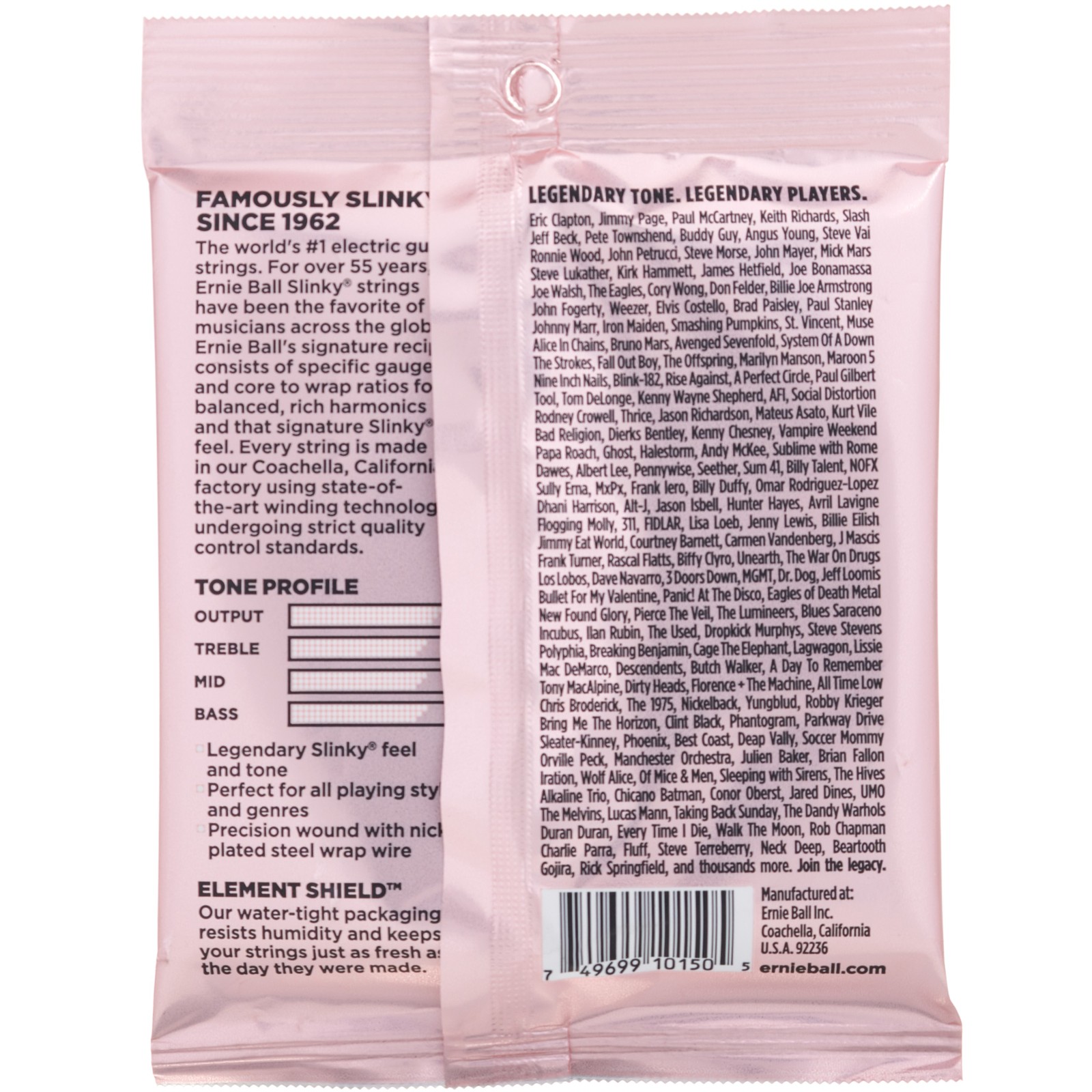 Ernie Ball 2217 Zippy Slinky light-gauge guitar strings, rear view of packaging