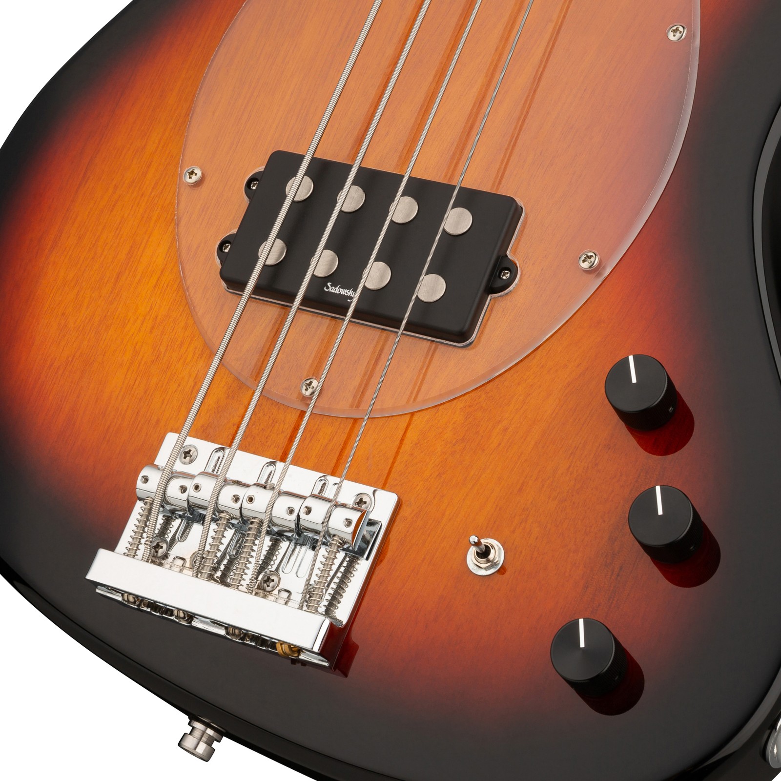Humbucker and controls, Sadowsky MetroExpress 21 Vintage M4 Maple Sunburst, electric bass guitar