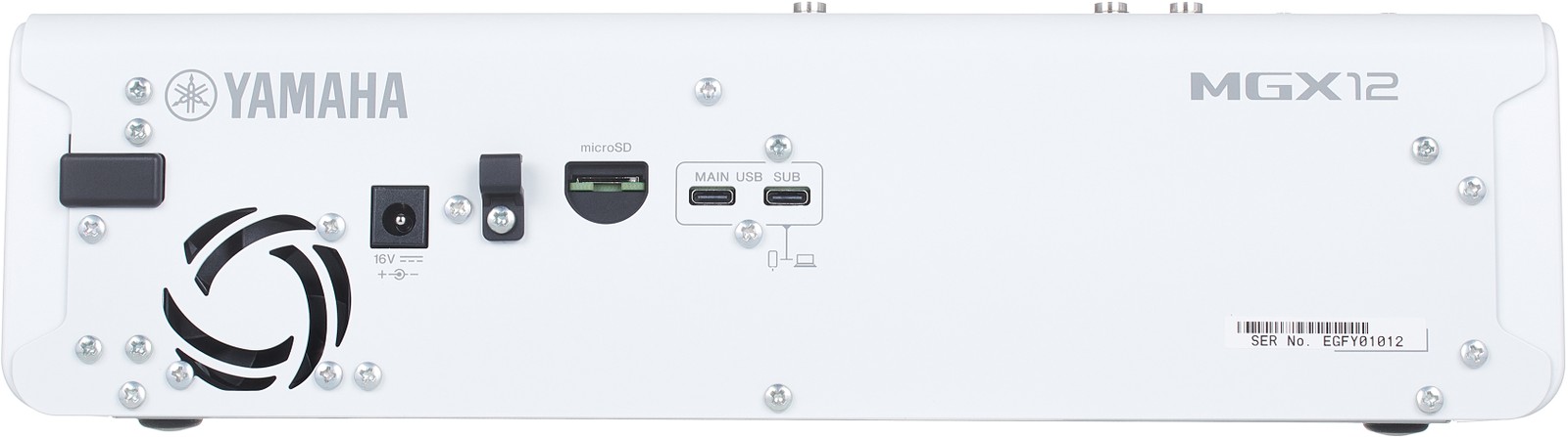 Rear view of the Yamaha MGX12 White, digital mixer