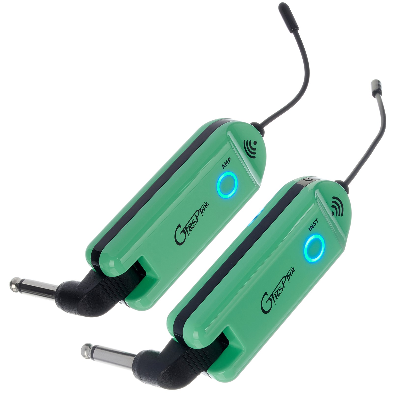 Mooer GTRS GWU4 Wireless Plug Green transmitter and receiver from the side