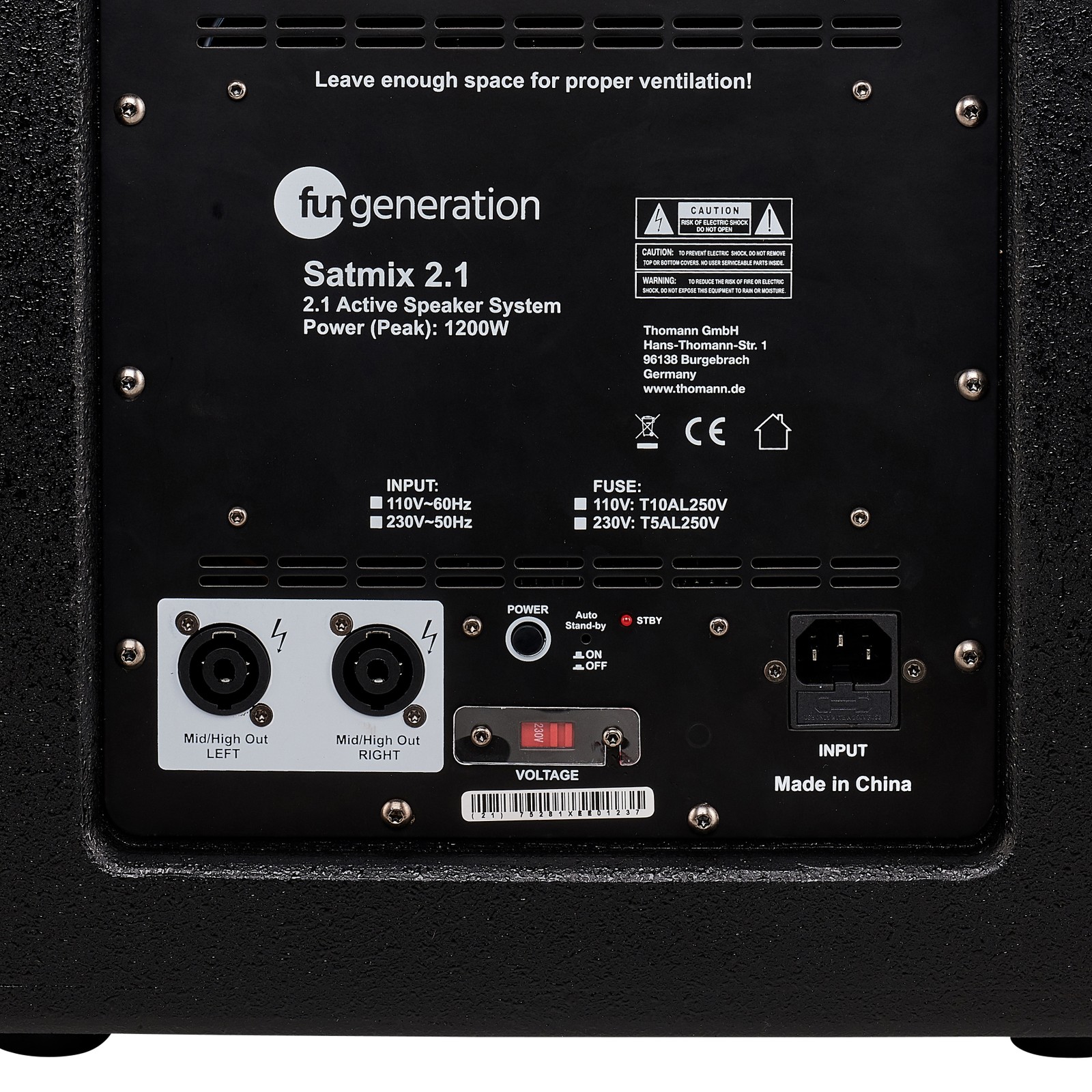 Anschlüsse am aktiven Fun Generation Satmix 2.1 PA System mit DSP und Bluetooth