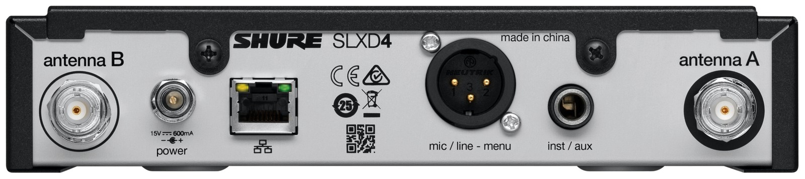 Rückseite des Shure SLXD4 Empfängers