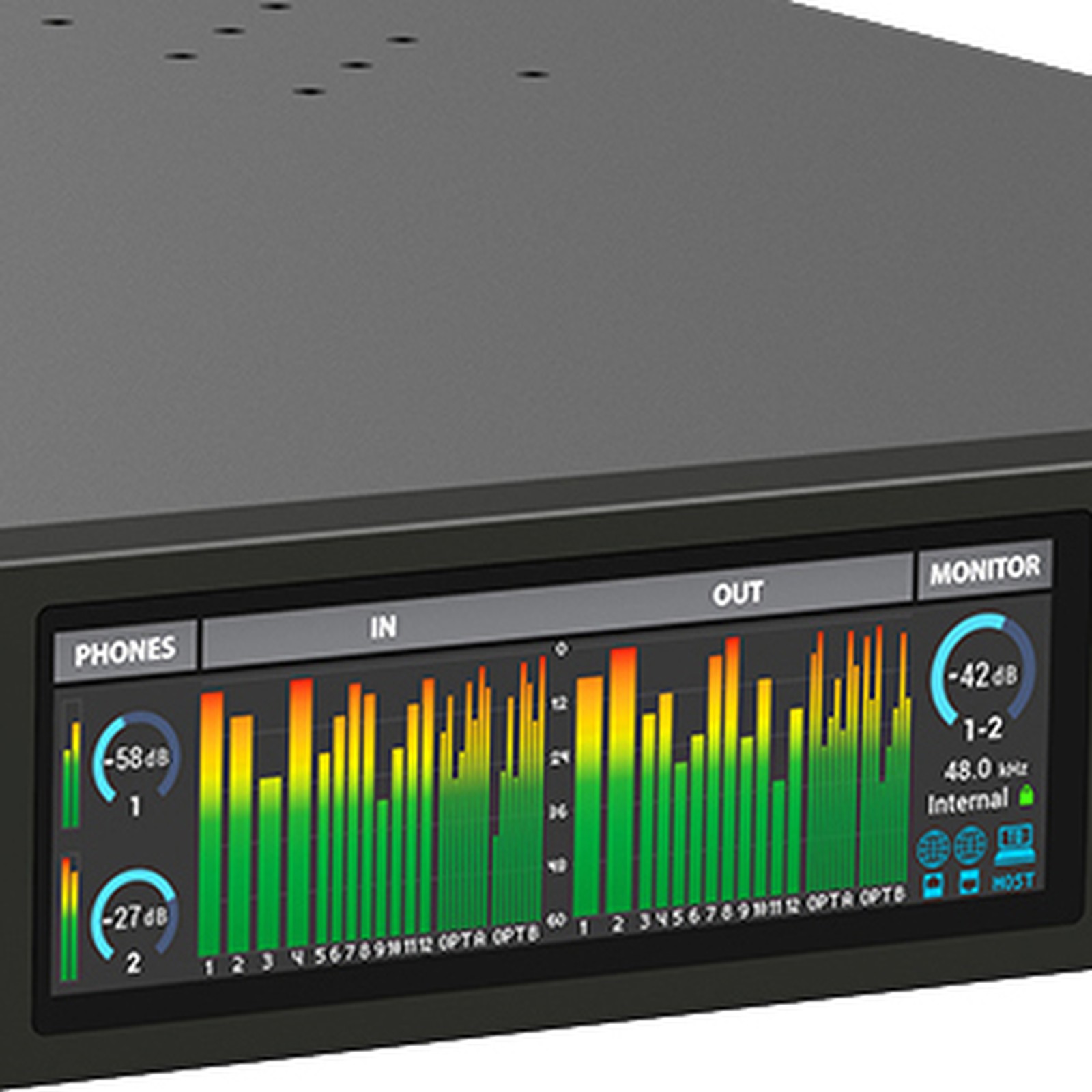 Pegelanzeige auf dem Display des MOTU 10pre